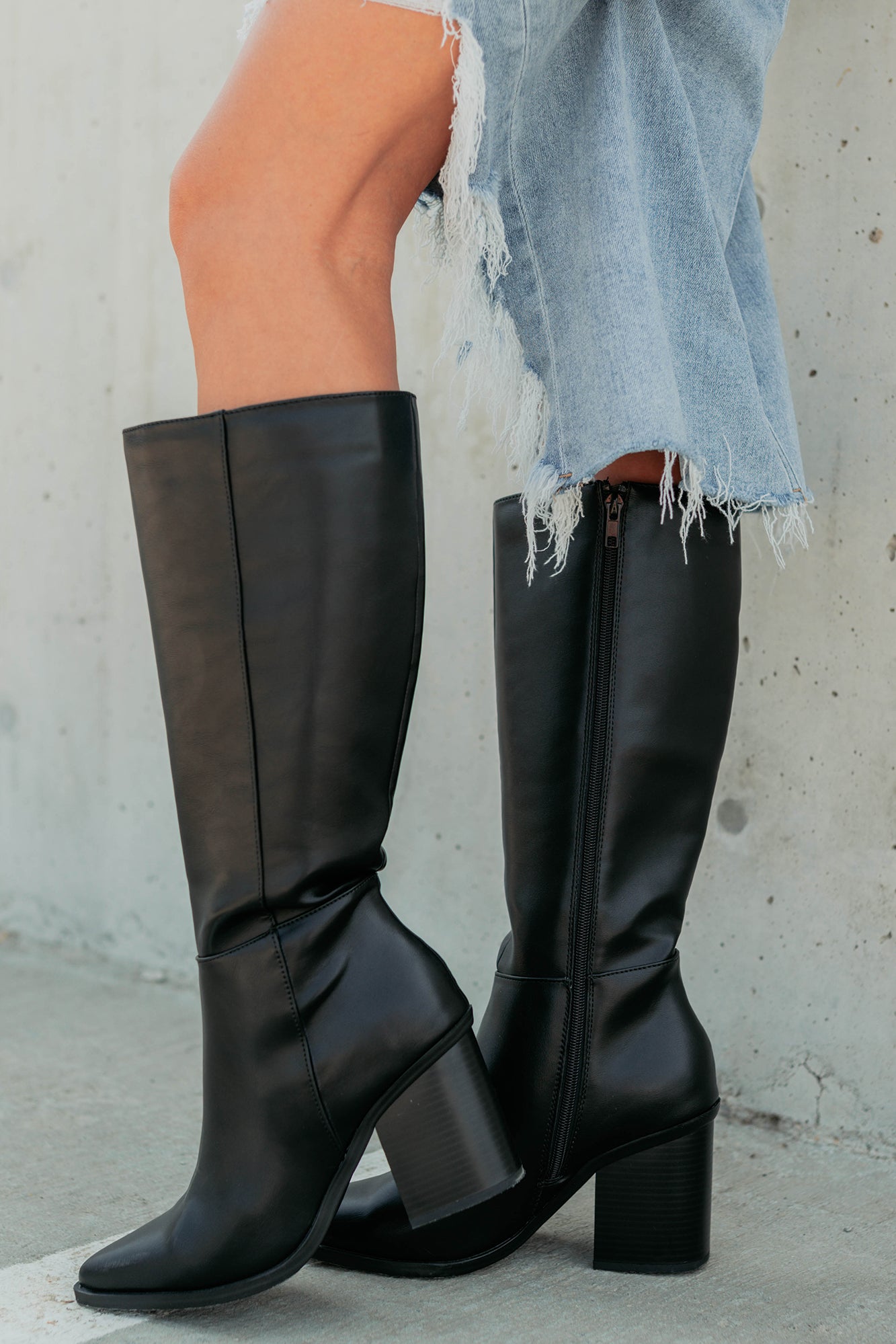 Can't Be Blamed Faux Leather Knee High Boots (Black)-The Formal Wear