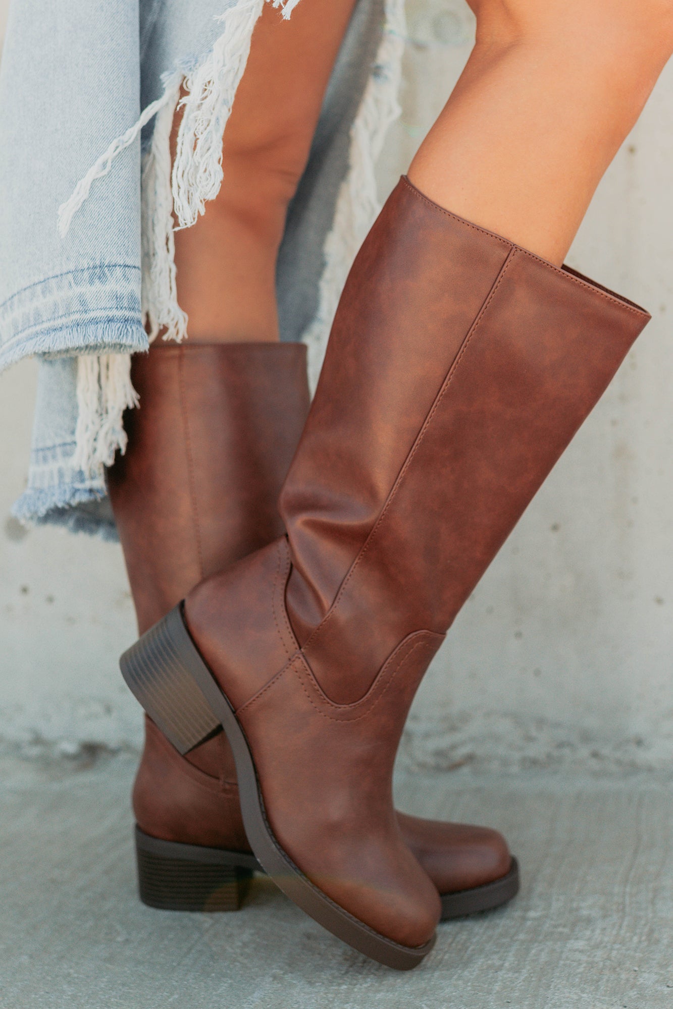 Off The Trail Mid-Calf Faux Leather Boots (Cognac)-The Formal Wear