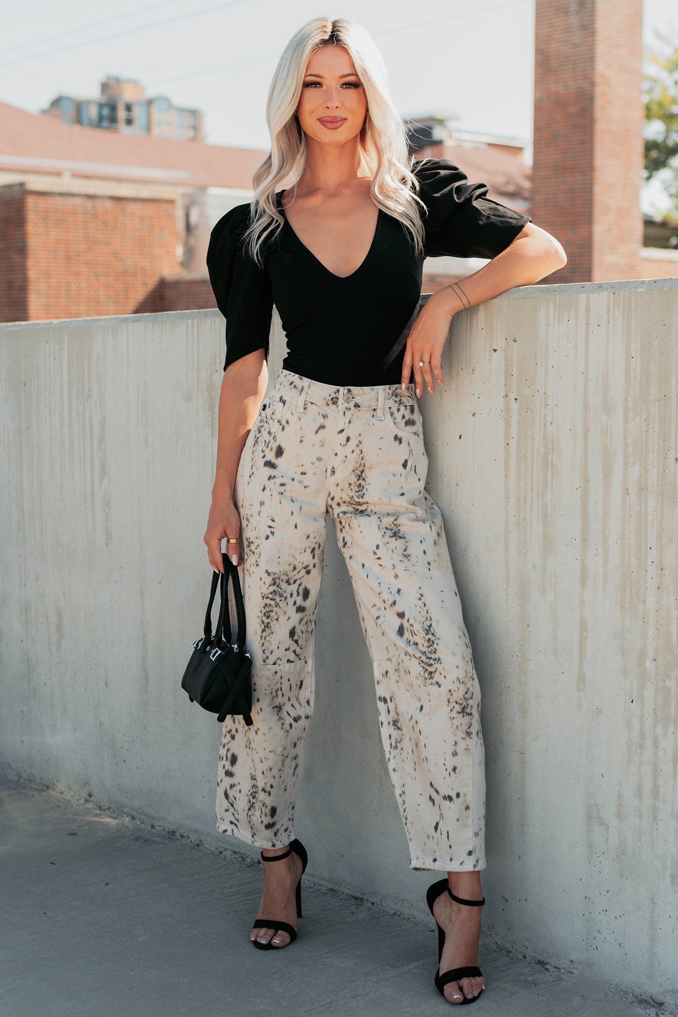 Zane High Rise Printed Barrel Kancan Jeans (Beige/Black)-The Formal Wear