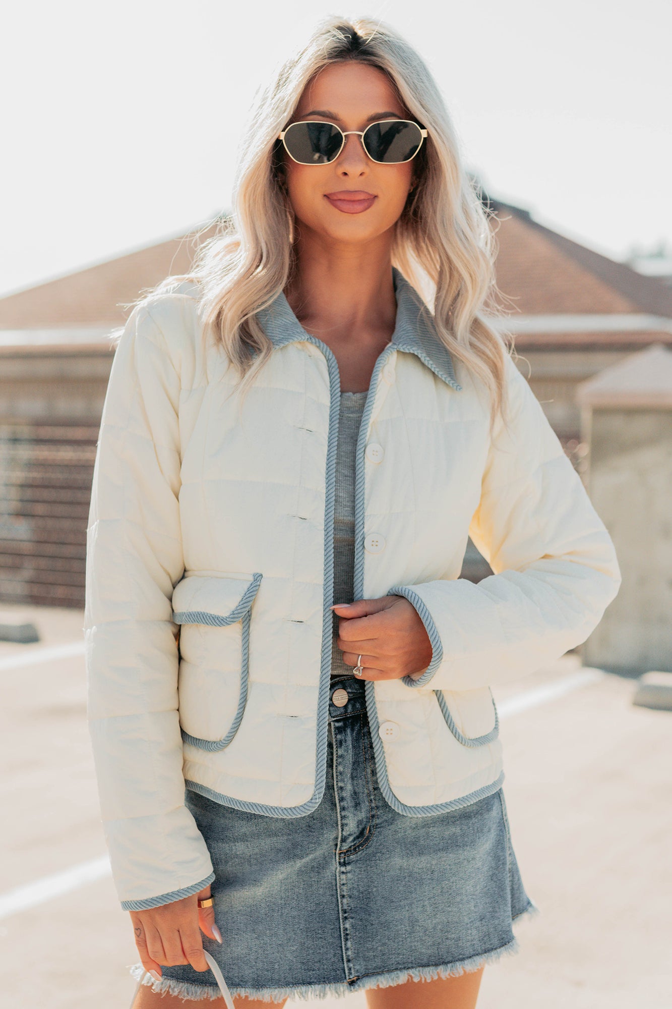 Chasing Dreams Contrast Seam Puffer Jacket (Ecru)-The Formal Wear