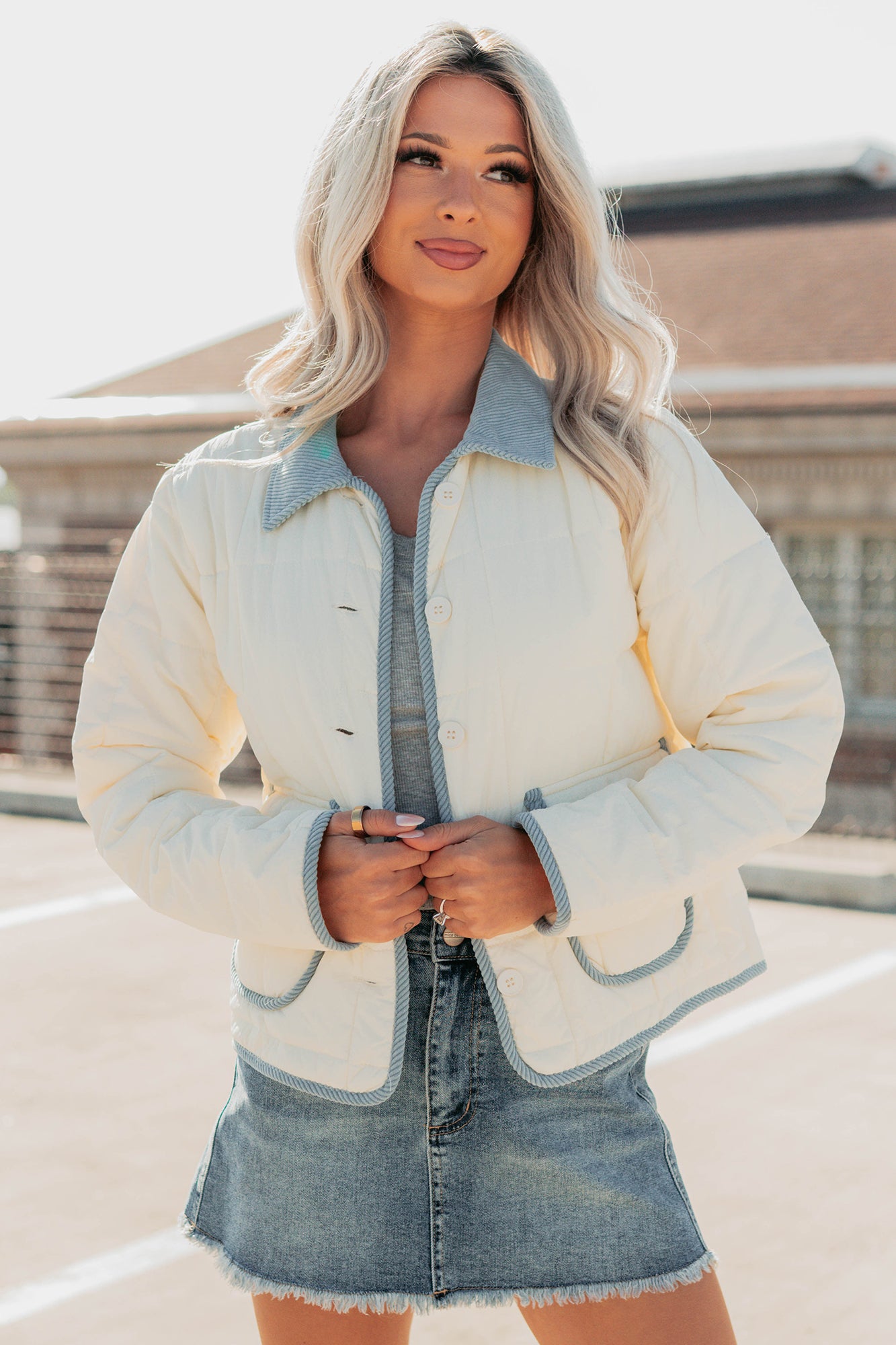 Chasing Dreams Contrast Seam Puffer Jacket (Ecru)-The Formal Wear