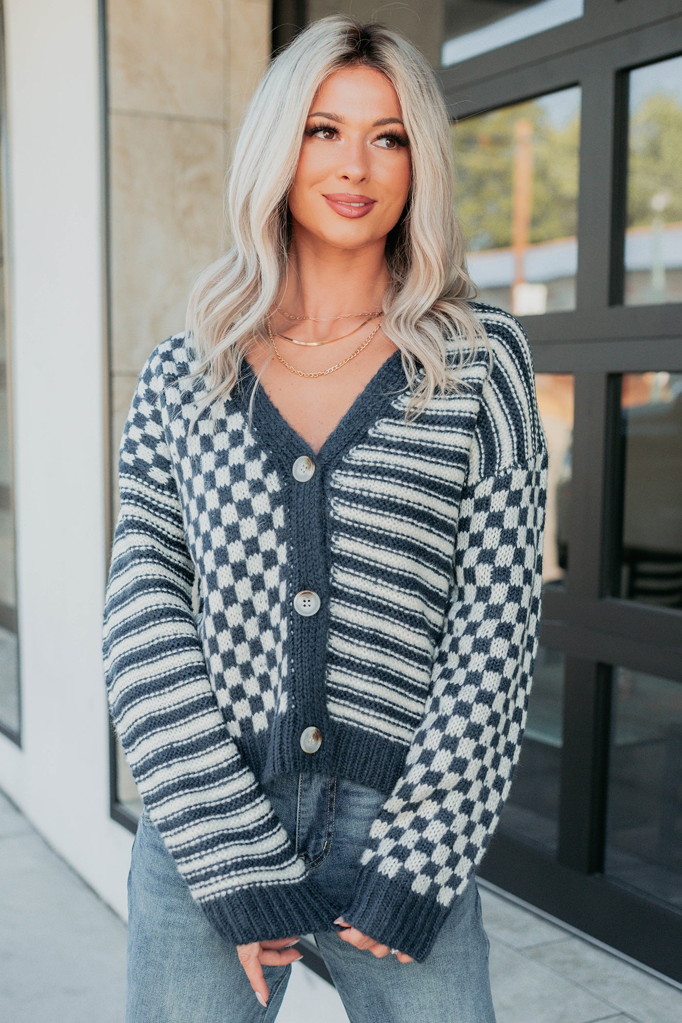 Tucked Away Checkered Stripe Knit Cardigan (Navy/Cream)-The Formal Wear