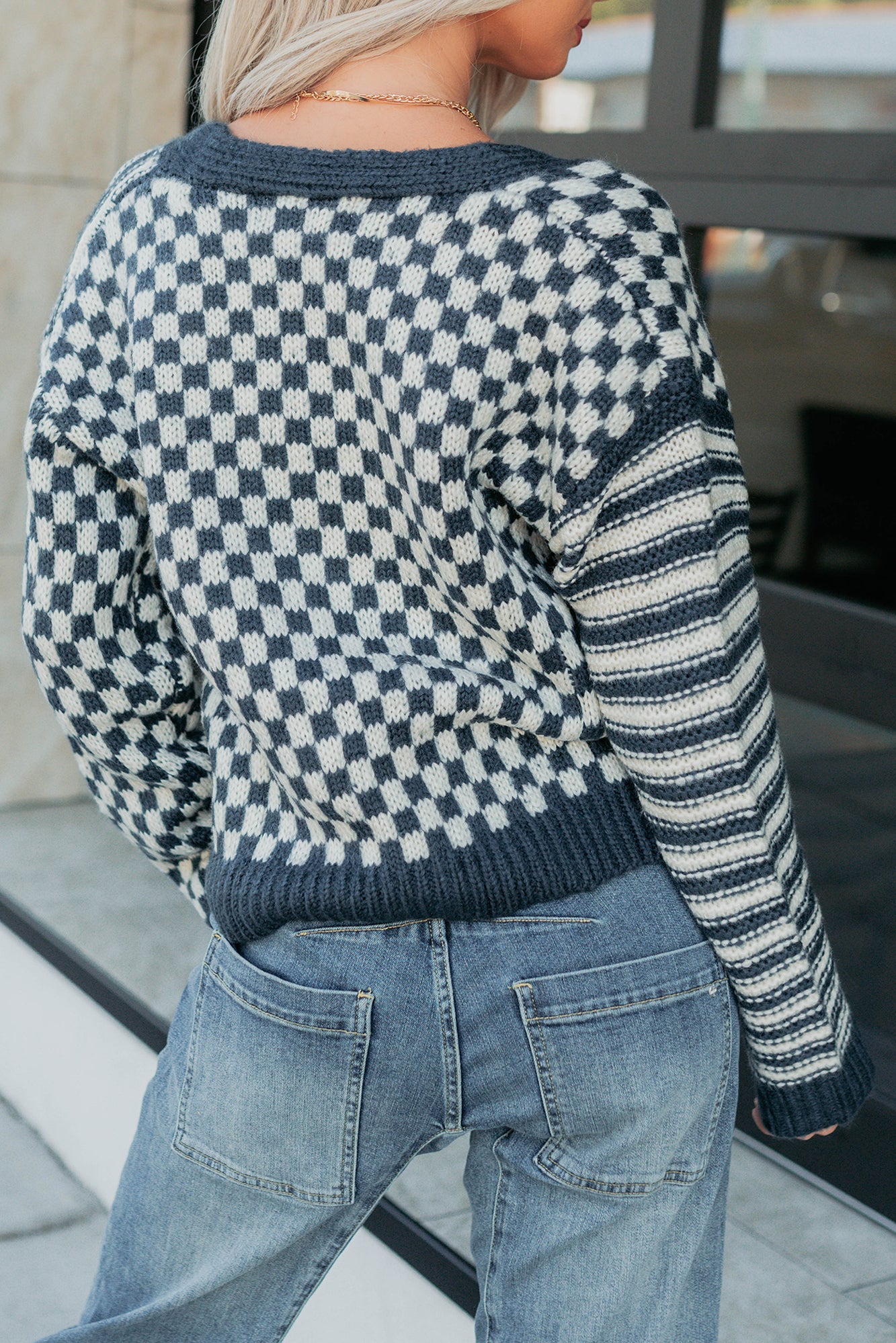 Tucked Away Checkered Stripe Knit Cardigan (Navy/Cream)-The Formal Wear