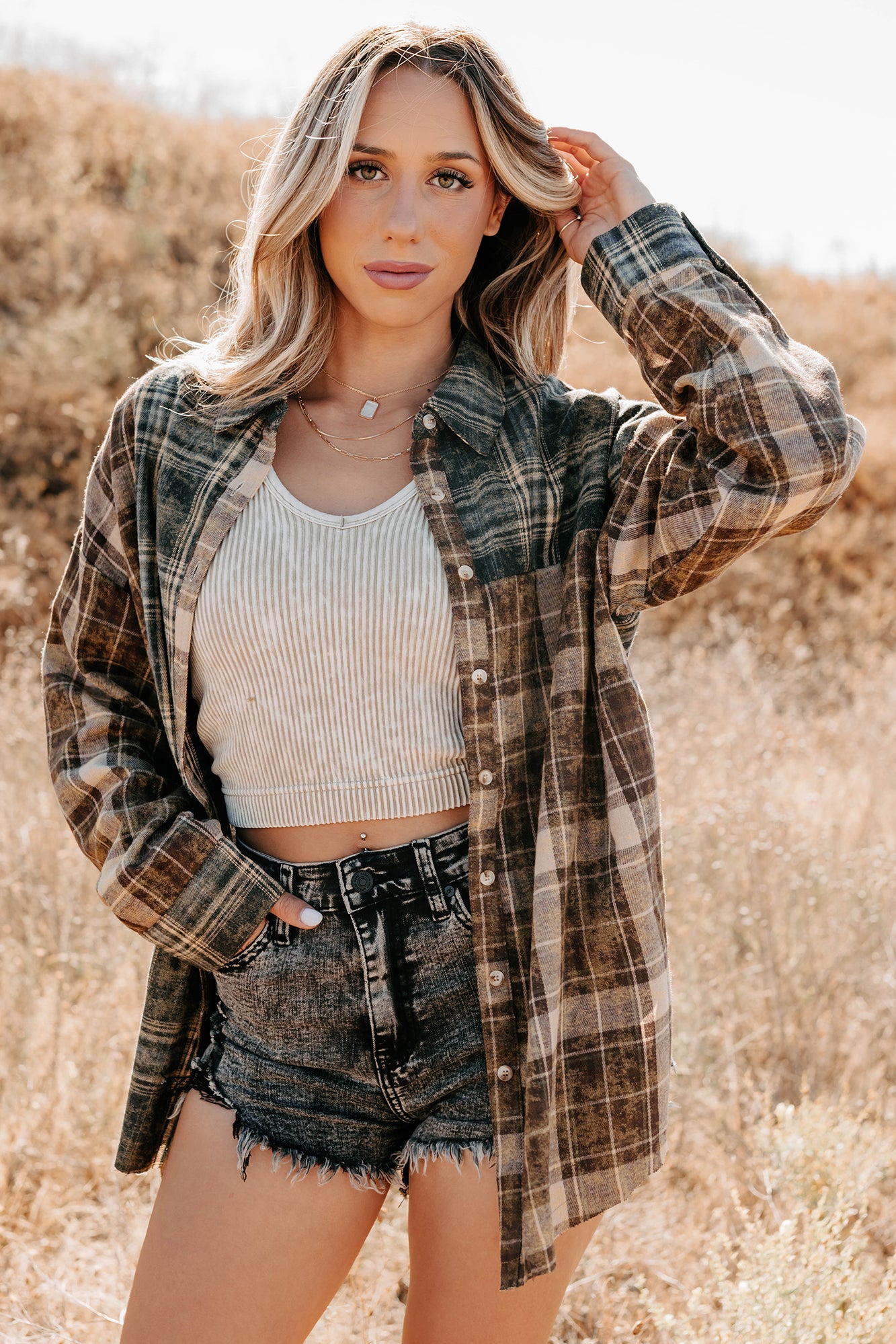 Rain Or Shine Plaid Button-Up Top (Brown Midnight)-The Formal Wear