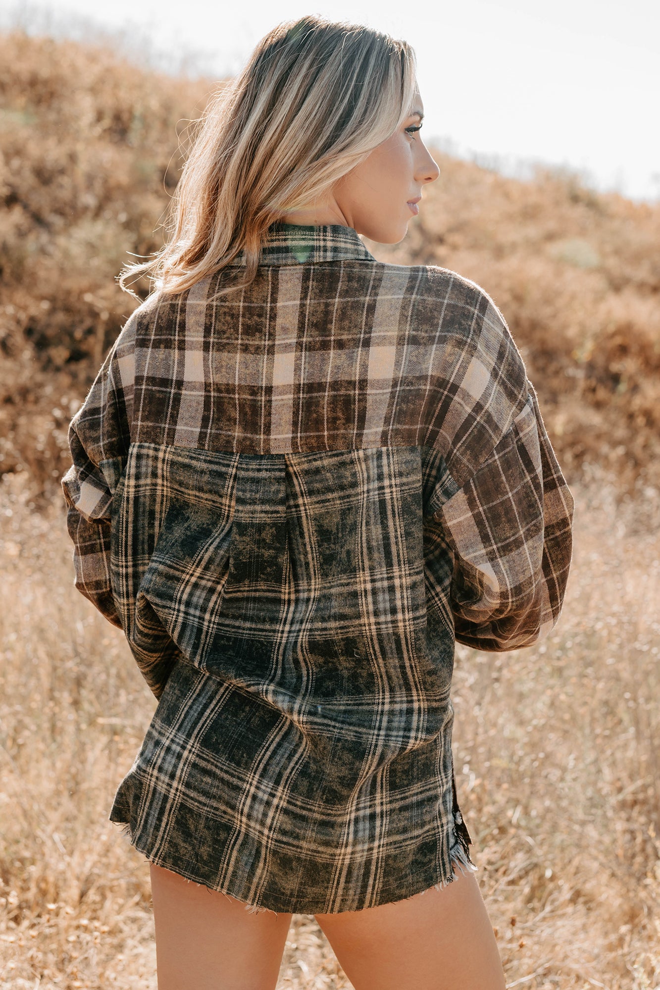 Rain Or Shine Plaid Button-Up Top (Brown Midnight)-The Formal Wear