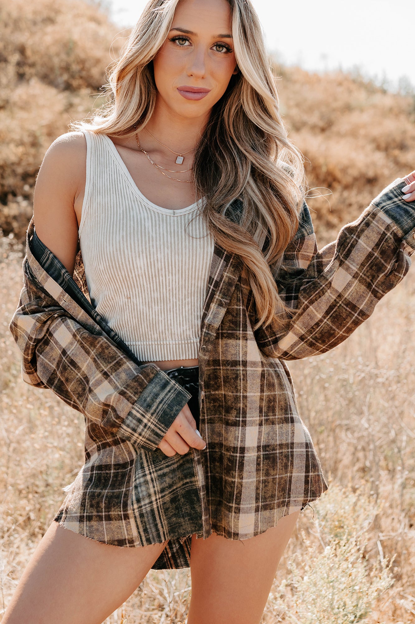 Rain Or Shine Plaid Button-Up Top (Brown Midnight)-The Formal Wear