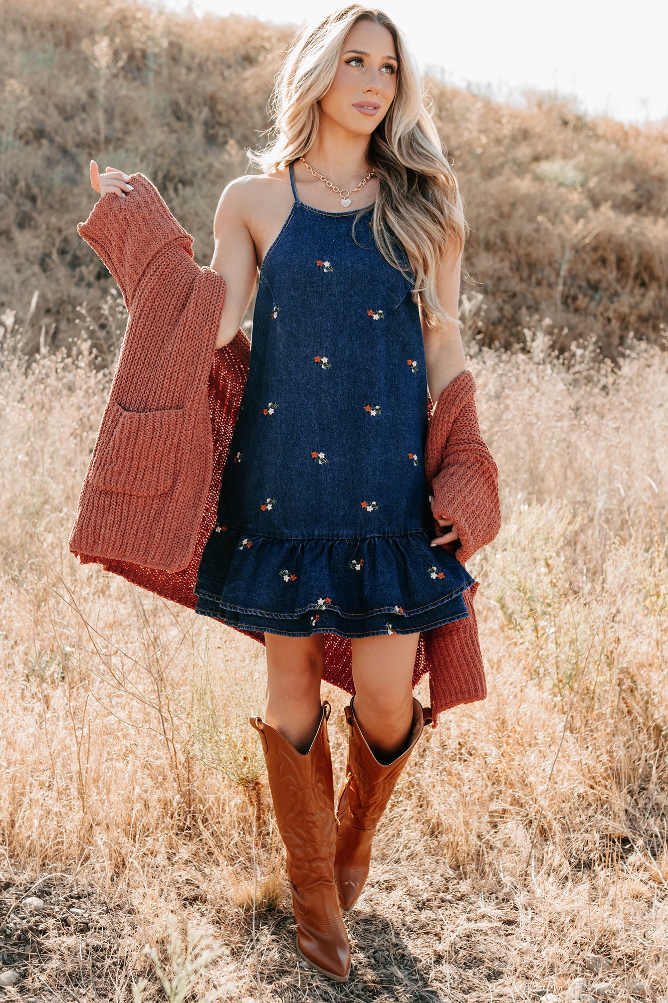 Graceful Grit Halter Floral Mini Dress (Dark Denim)-The Formal Wear