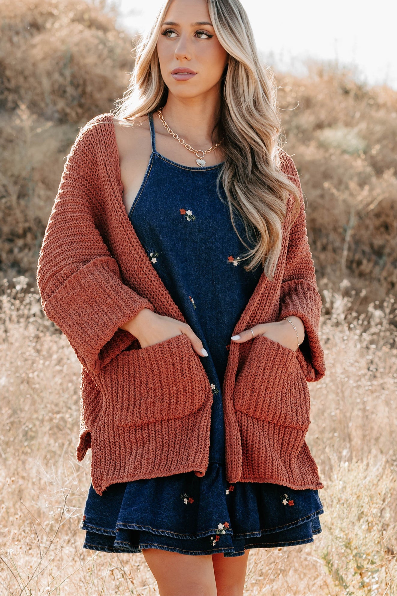 Quiet Times Cuffed Sleeve POL Cardigan (Brick)-The Formal Wear