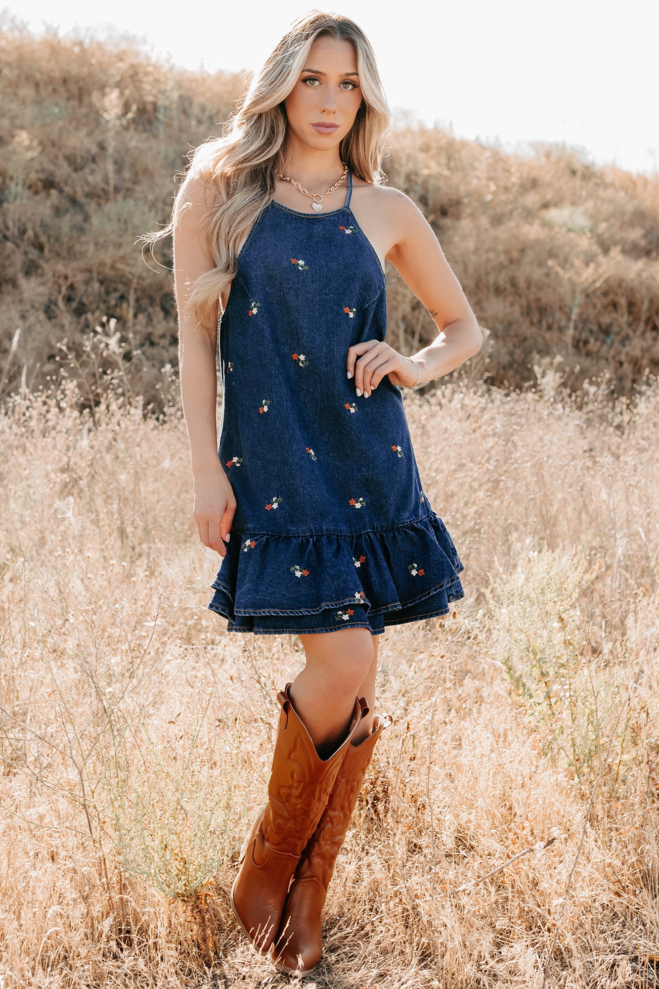 Graceful Grit Halter Floral Mini Dress (Dark Denim)-The Formal Wear