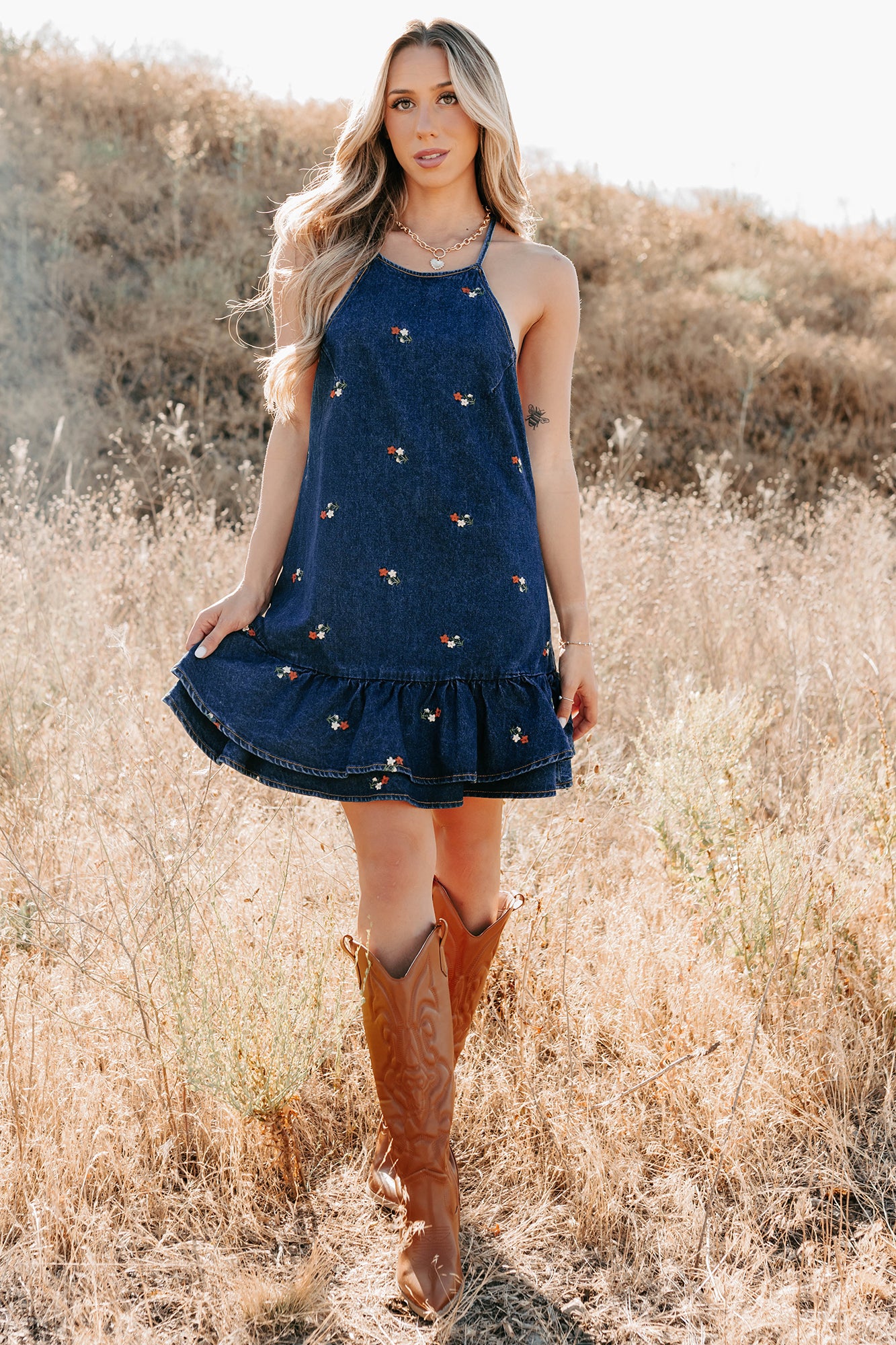 Graceful Grit Halter Floral Mini Dress (Dark Denim)-The Formal Wear