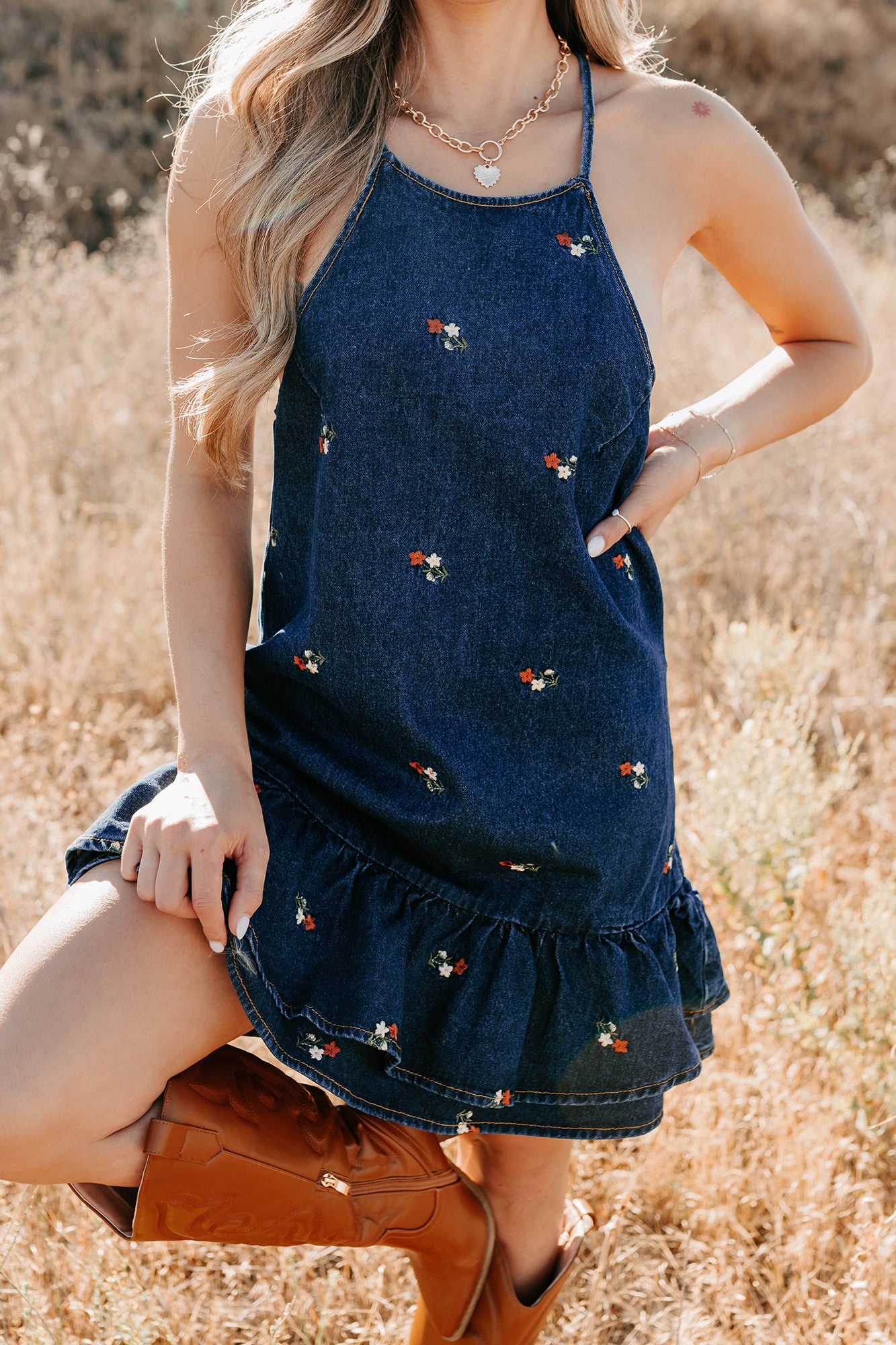 Graceful Grit Halter Floral Mini Dress (Dark Denim)-The Formal Wear