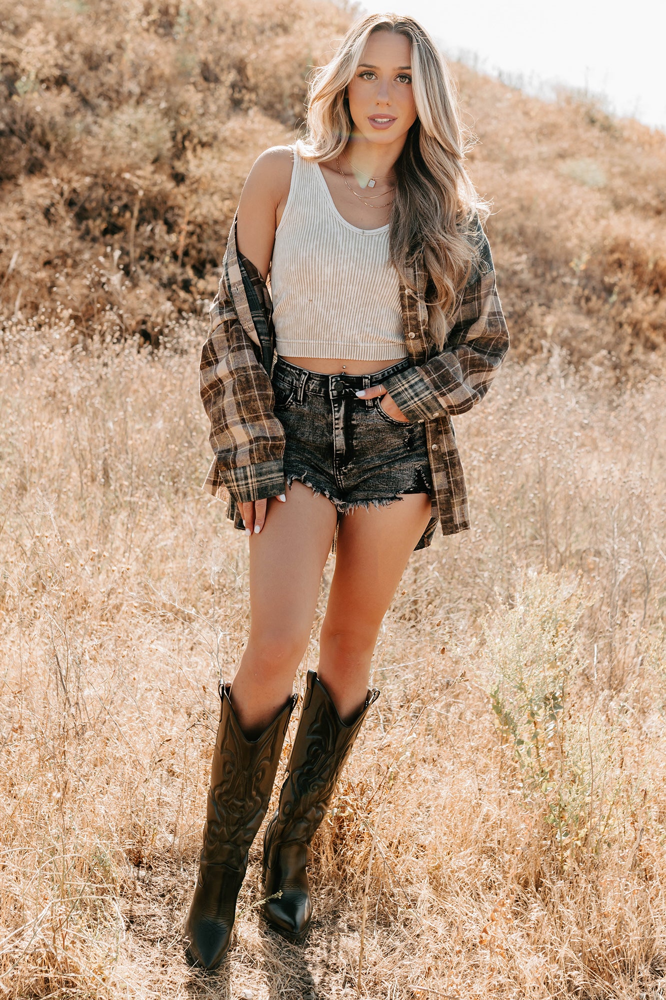 Rain Or Shine Plaid Button-Up Top (Brown Midnight)-The Formal Wear