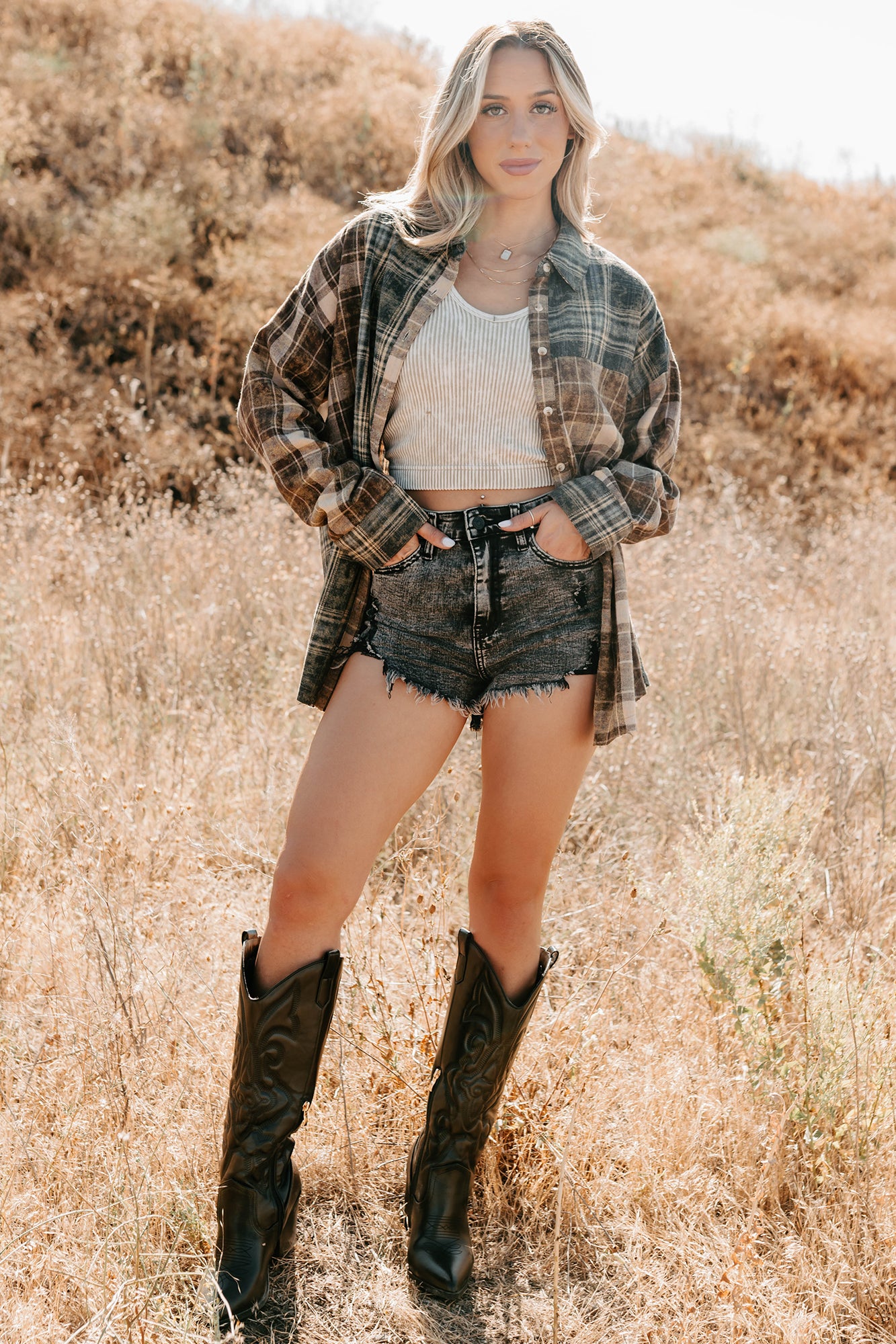 Rain Or Shine Plaid Button-Up Top (Brown Midnight)-The Formal Wear