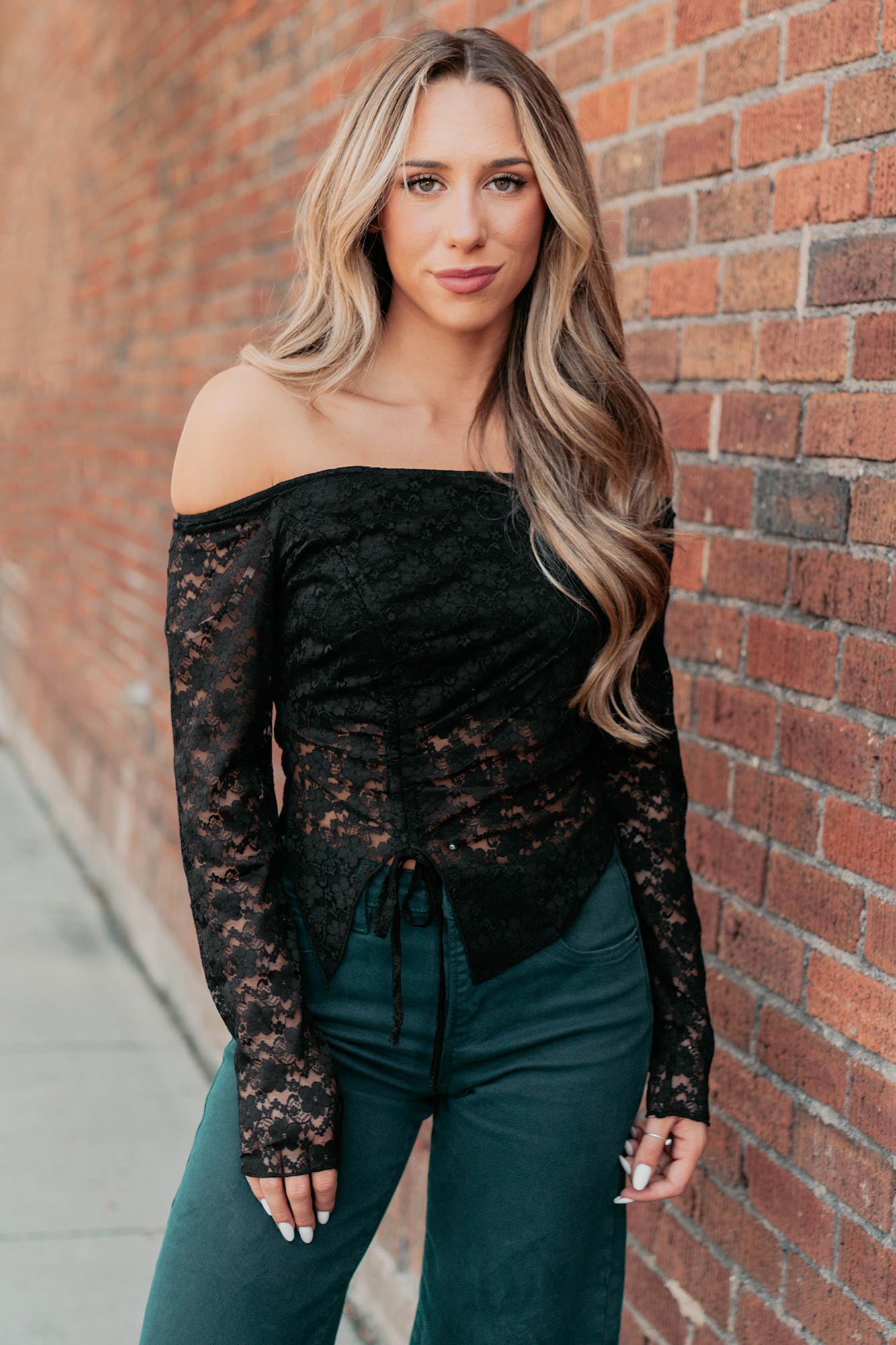 Up To Standard Ruched Lace Asymmetric Top (Black)-The Formal Wear