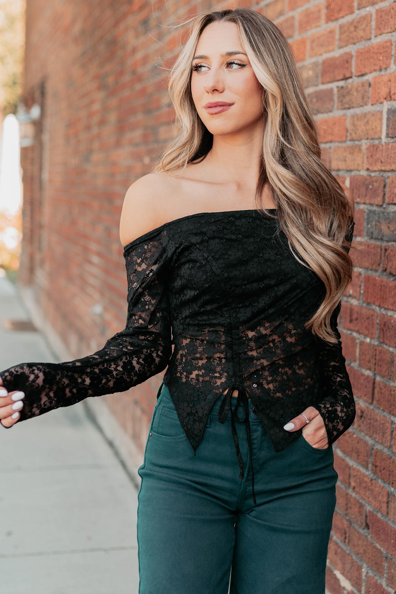 Up To Standard Ruched Lace Asymmetric Top (Black)-The Formal Wear