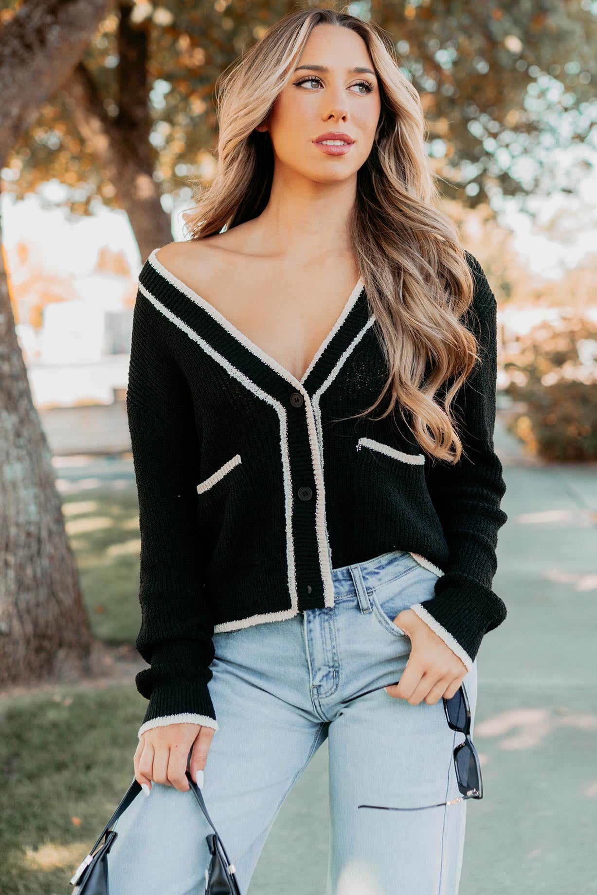 Comfort Current Contrast Button-Up Cardigan (Black)-The Formal Wear