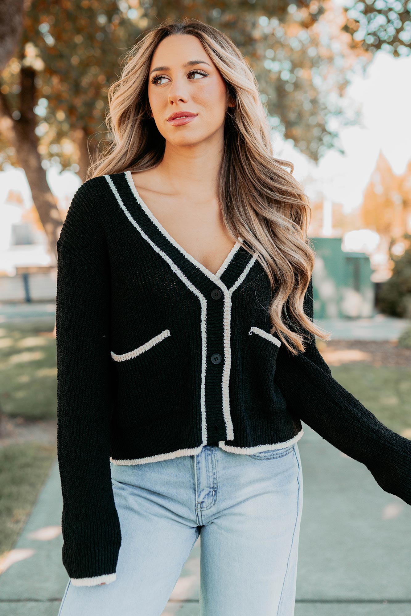 Comfort Current Contrast Button-Up Cardigan (Black)-The Formal Wear