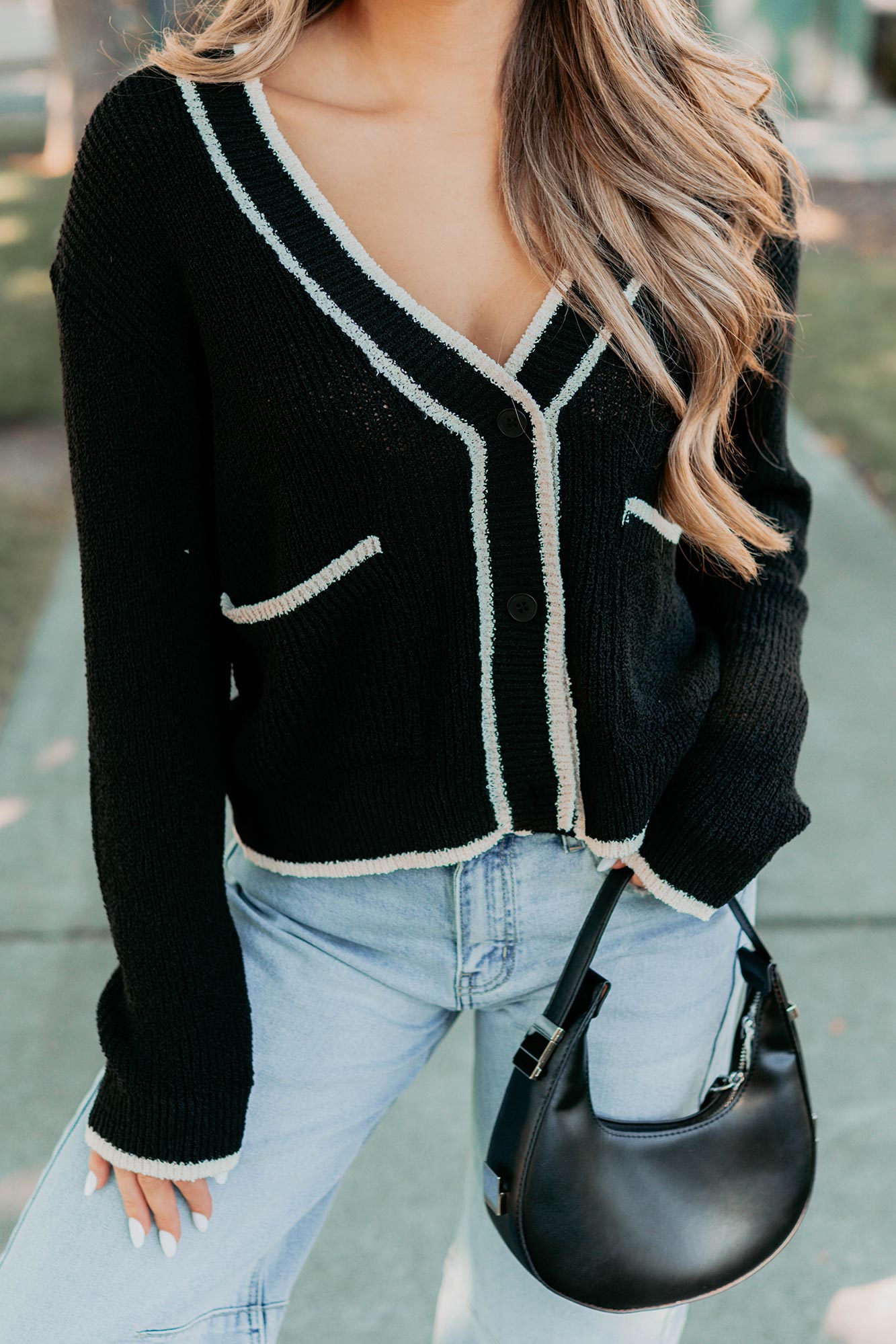 Comfort Current Contrast Button-Up Cardigan (Black)-The Formal Wear