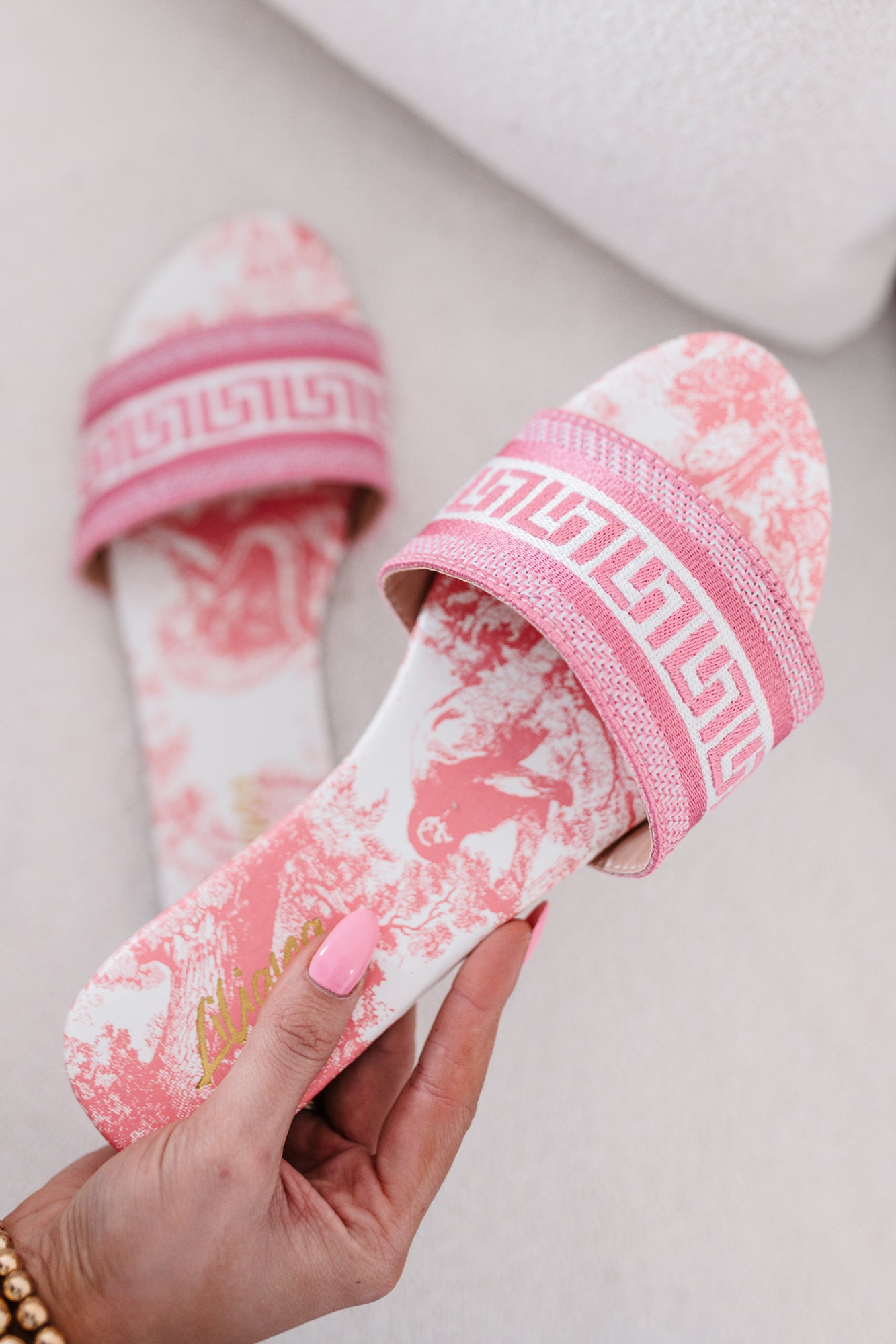 Starlit Allure Woven Print Slide Sandals (Pink)-The Formal Wear