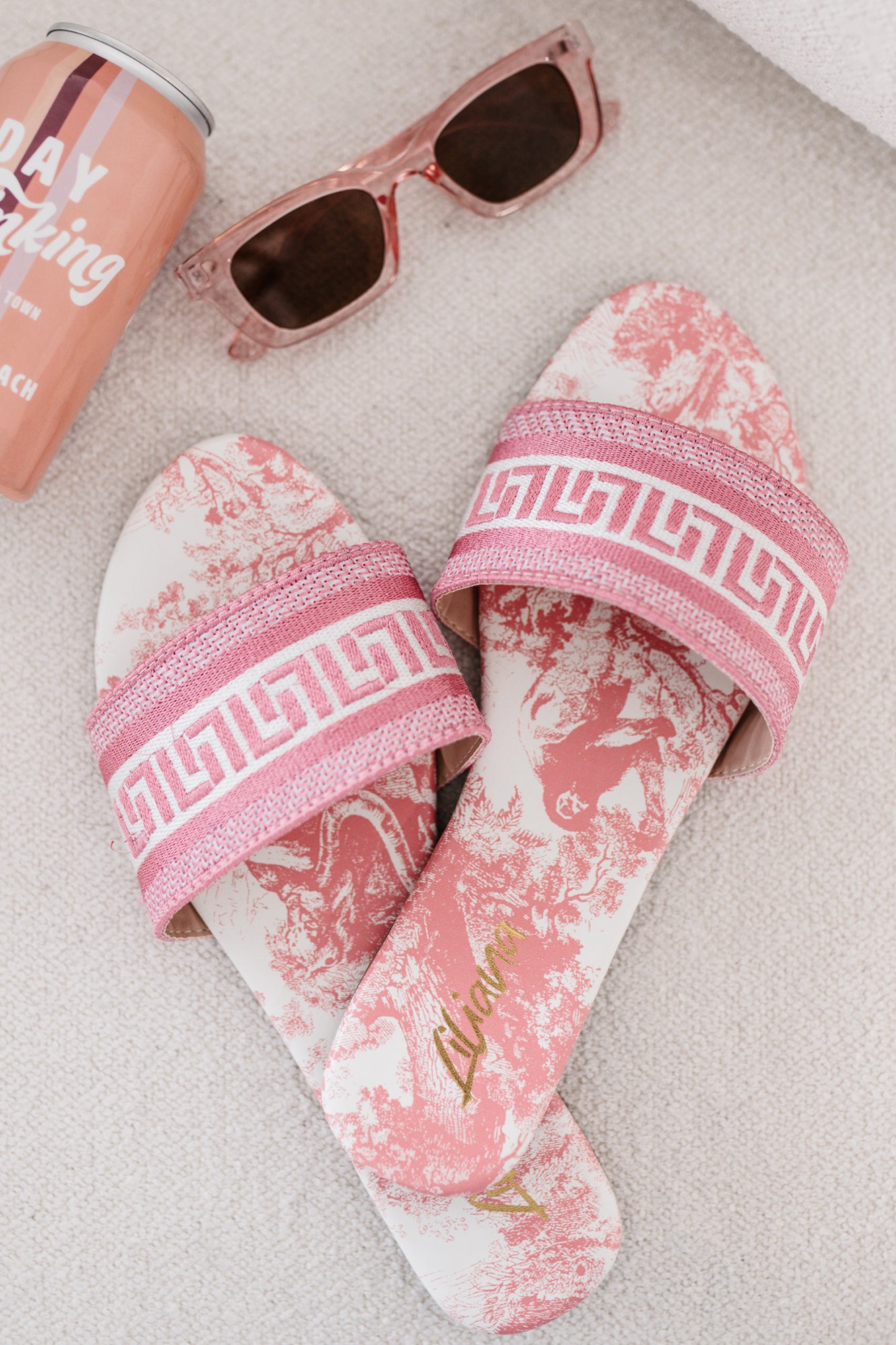 Starlit Allure Woven Print Slide Sandals (Pink)-The Formal Wear
