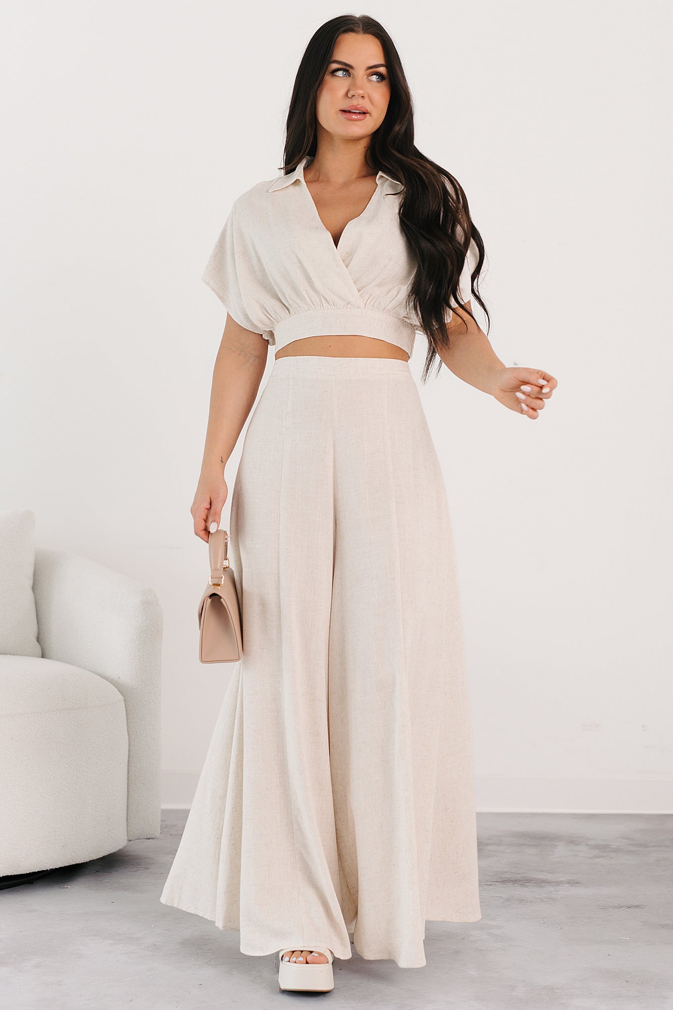 Chic and Simple Crop Top & Palazzo Pants Set (Oatmeal)-The Formal Wear