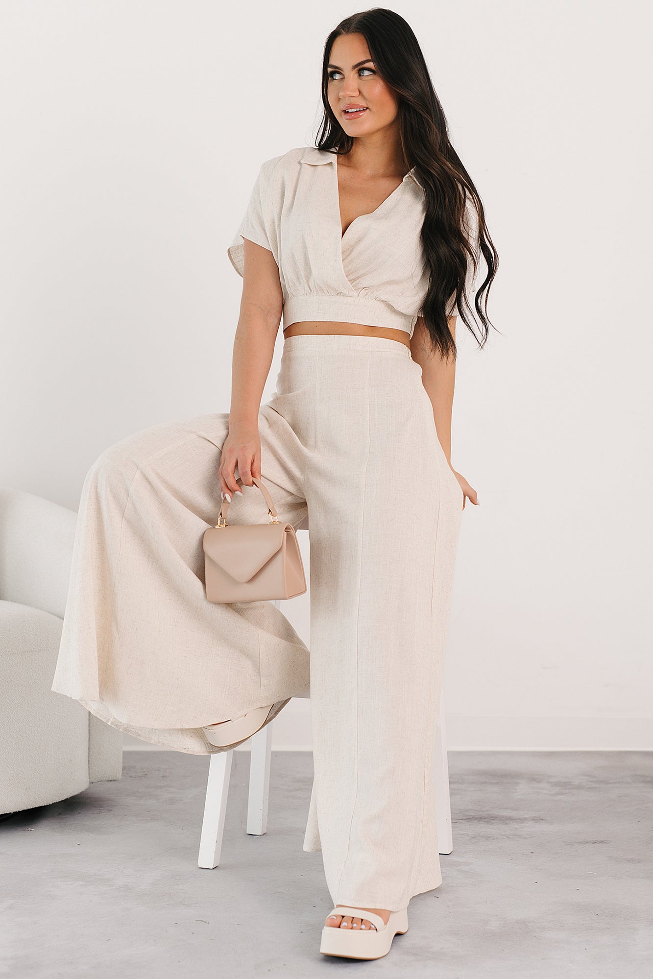 Chic and Simple Crop Top & Palazzo Pants Set (Oatmeal)-The Formal Wear