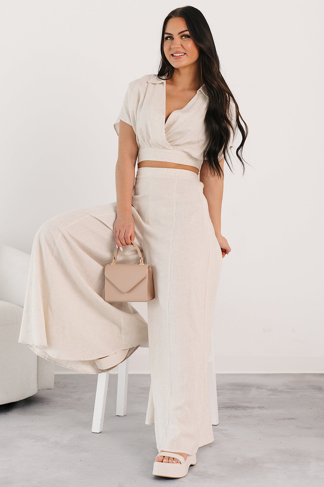Chic and Simple Crop Top & Palazzo Pants Set (Oatmeal)-The Formal Wear