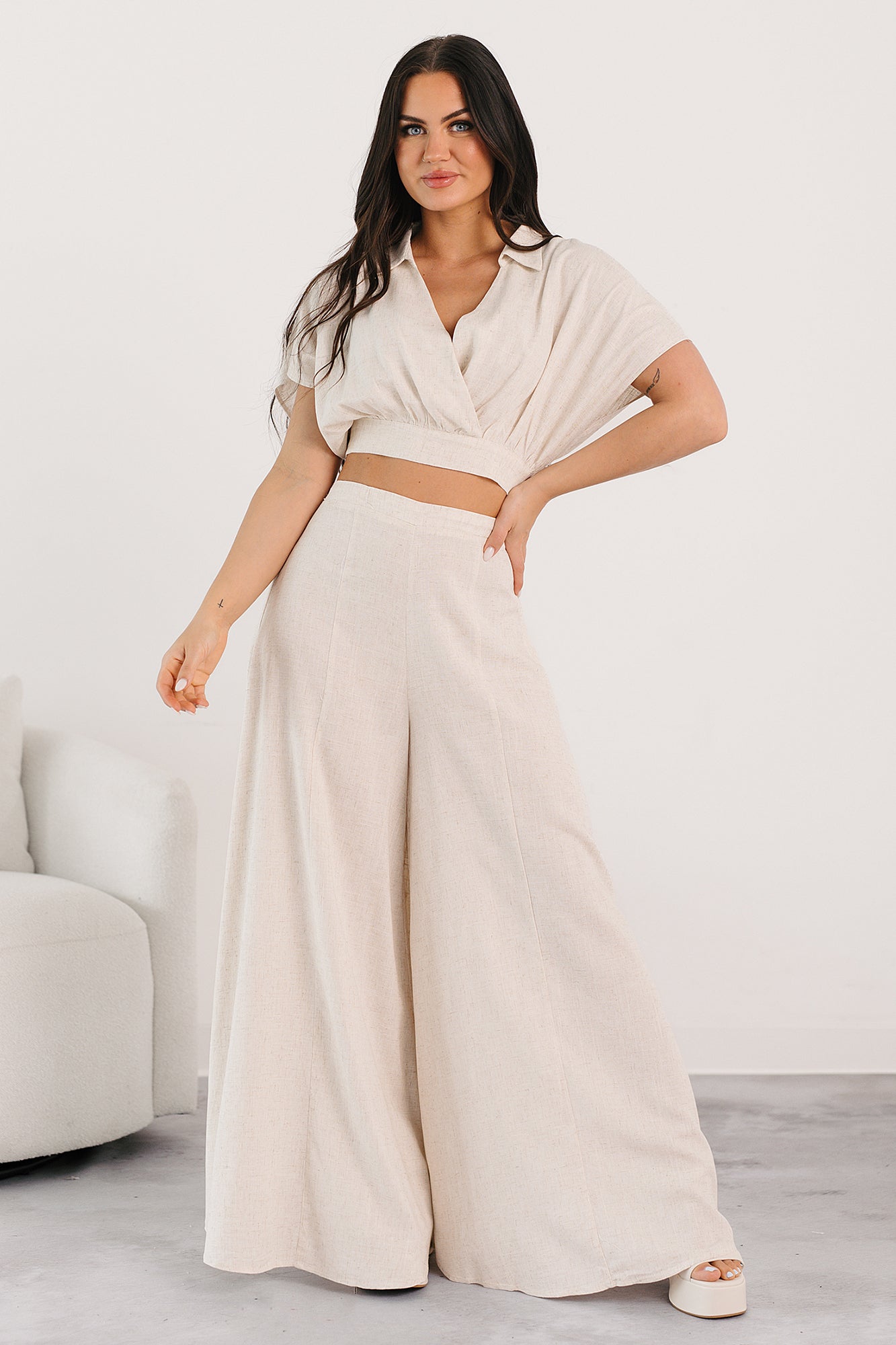 Chic and Simple Crop Top & Palazzo Pants Set (Oatmeal)-The Formal Wear