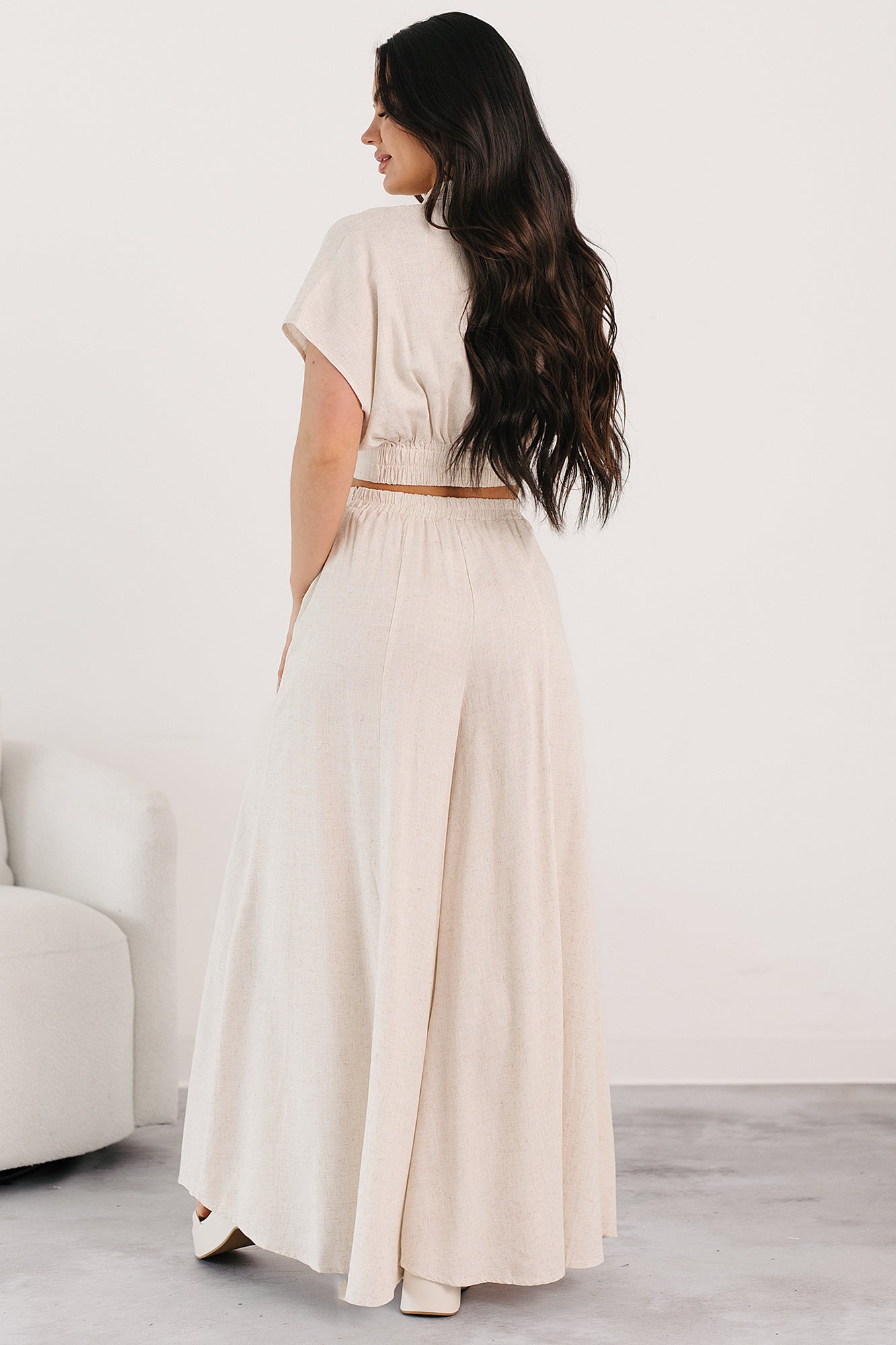 Chic and Simple Crop Top & Palazzo Pants Set (Oatmeal)-The Formal Wear