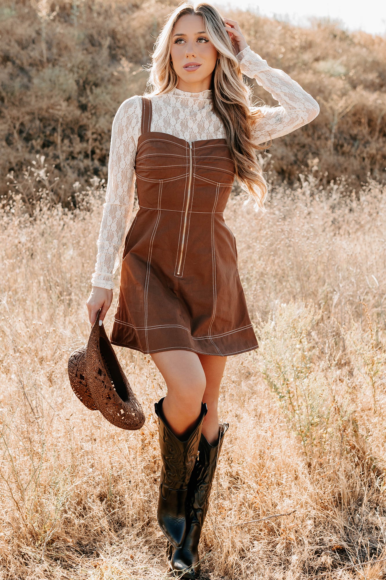 Soulful Gazes Sleeveless Denim Mini Dress (Mocha)-The Formal Wear