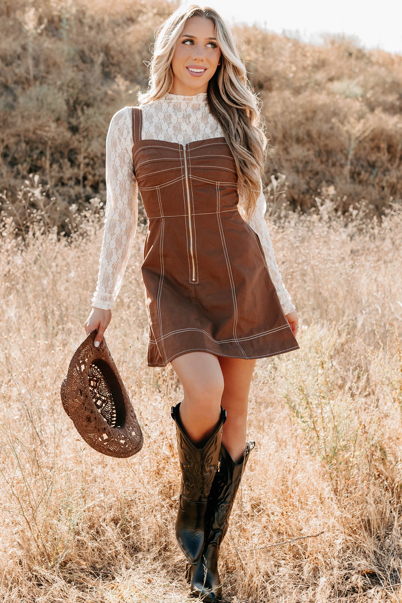 Soulful Gazes Sleeveless Denim Mini Dress (Mocha)-The Formal Wear