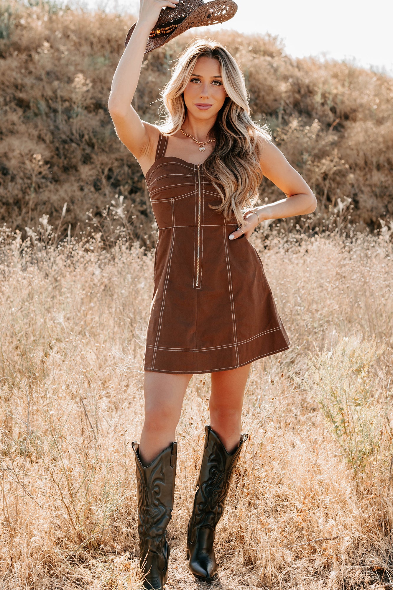 Soulful Gazes Sleeveless Denim Mini Dress (Mocha)-The Formal Wear