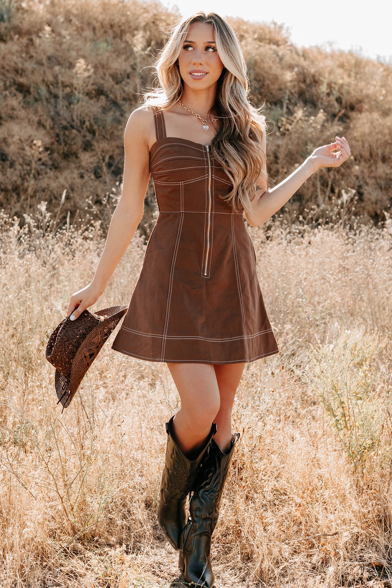 Soulful Gazes Sleeveless Denim Mini Dress (Mocha)-The Formal Wear