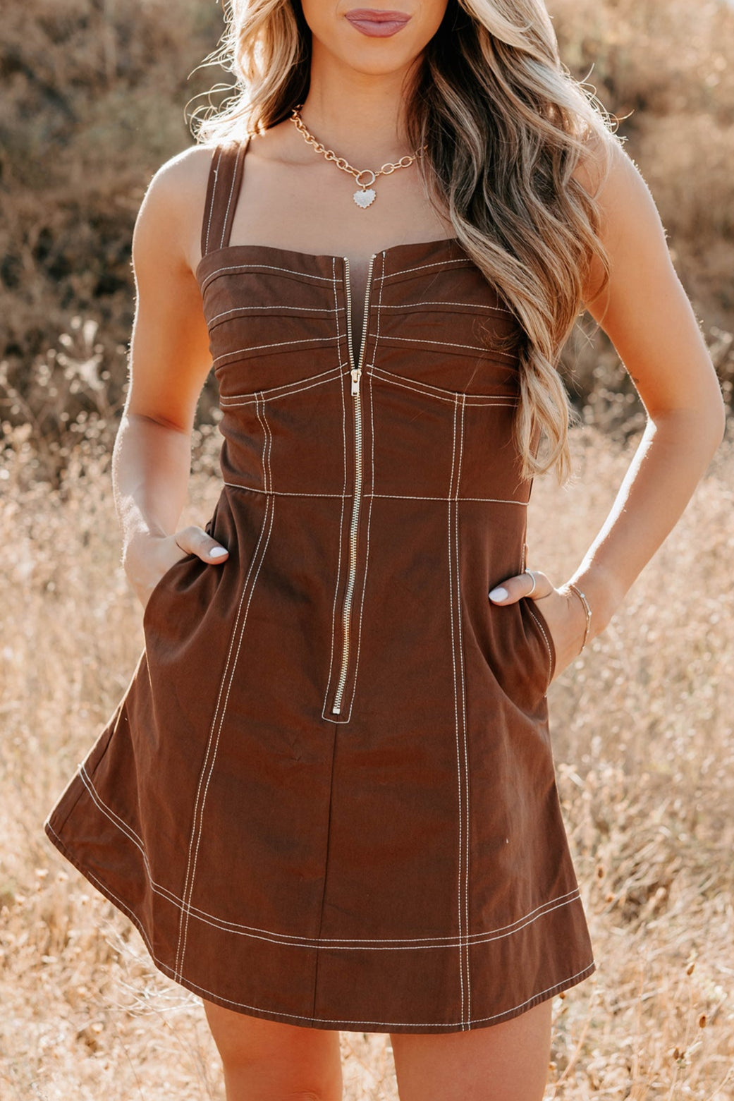 Soulful Gazes Sleeveless Denim Mini Dress (Mocha)-The Formal Wear