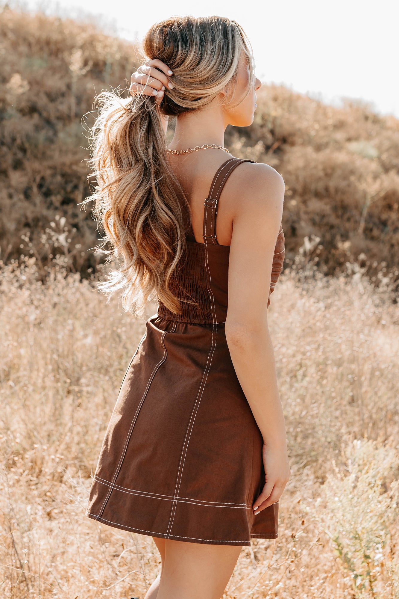 Soulful Gazes Sleeveless Denim Mini Dress (Mocha)-The Formal Wear