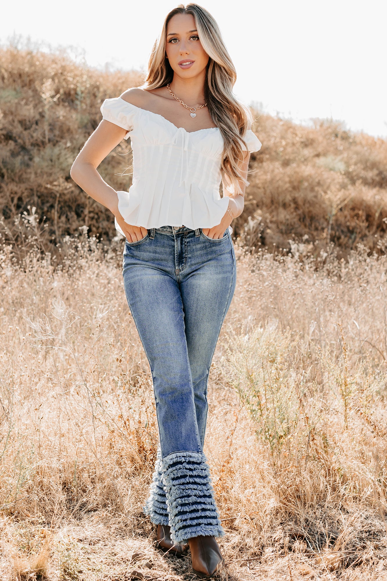 Vera Mid Rise Frayed Hem Cello Flare Jeans (Medium)-The Formal Wear