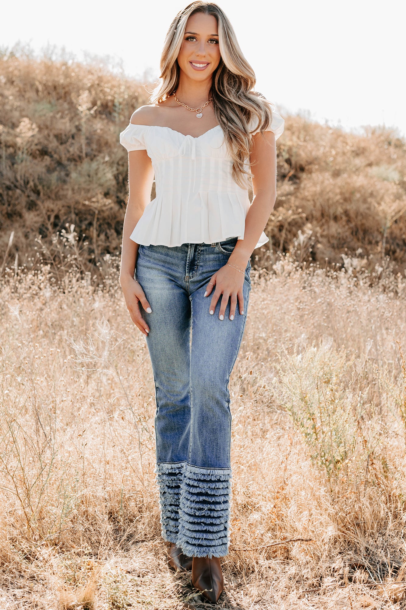 Vera Mid Rise Frayed Hem Cello Flare Jeans (Medium)-The Formal Wear