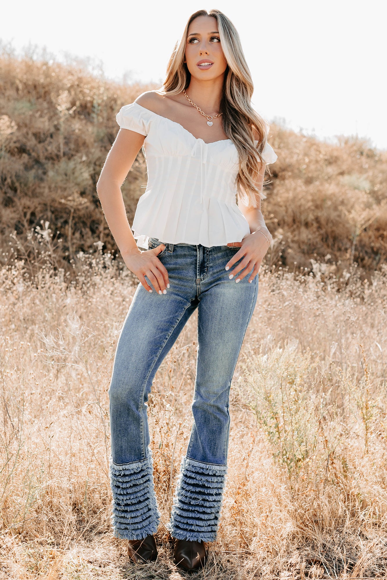 Vera Mid Rise Frayed Hem Cello Flare Jeans (Medium)-The Formal Wear