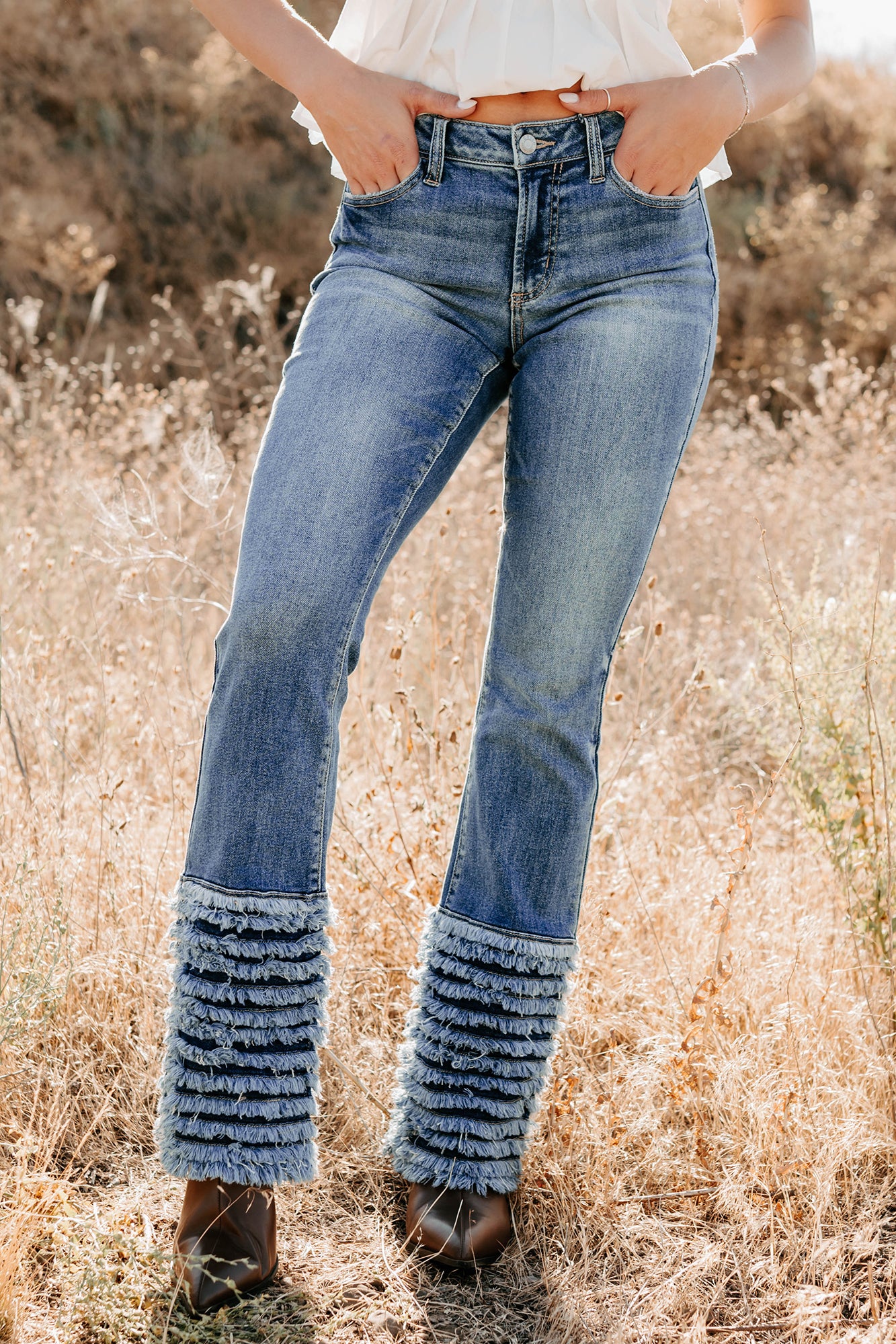 Vera Mid Rise Frayed Hem Cello Flare Jeans (Medium)-The Formal Wear