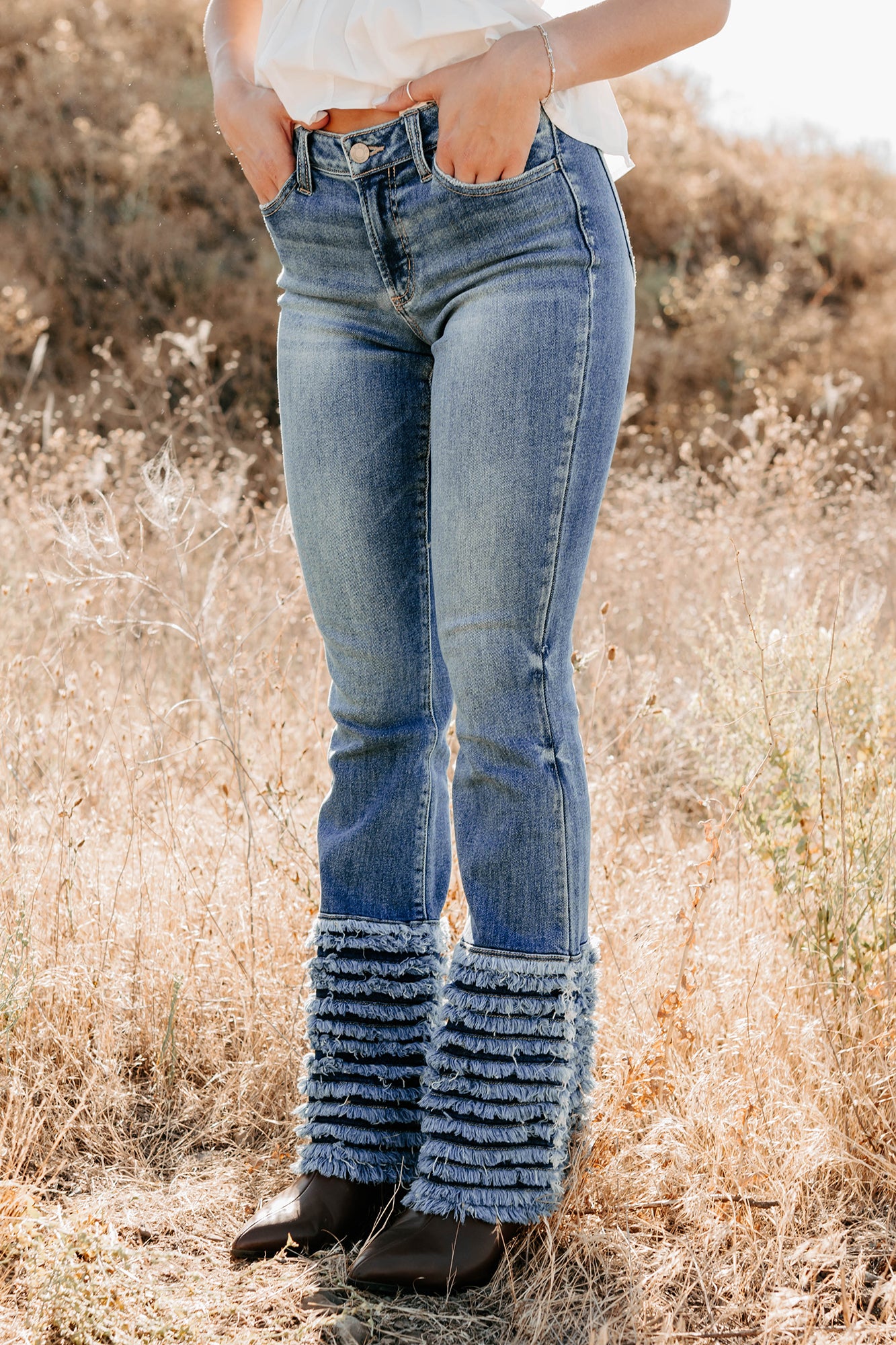 Vera Mid Rise Frayed Hem Cello Flare Jeans (Medium)-The Formal Wear