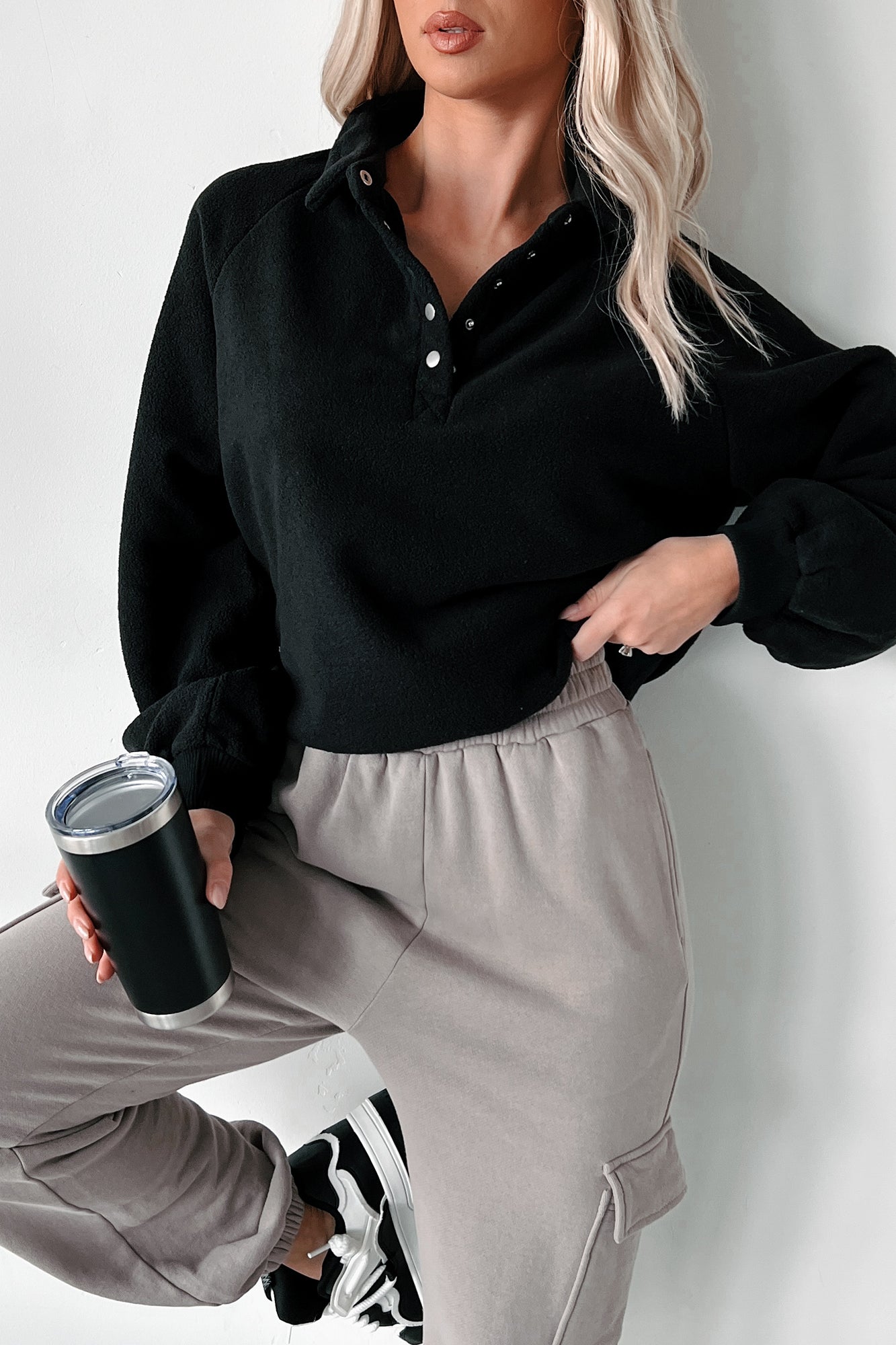 Working Remotely Fleece Pullover Top (Black)-The Formal Wear