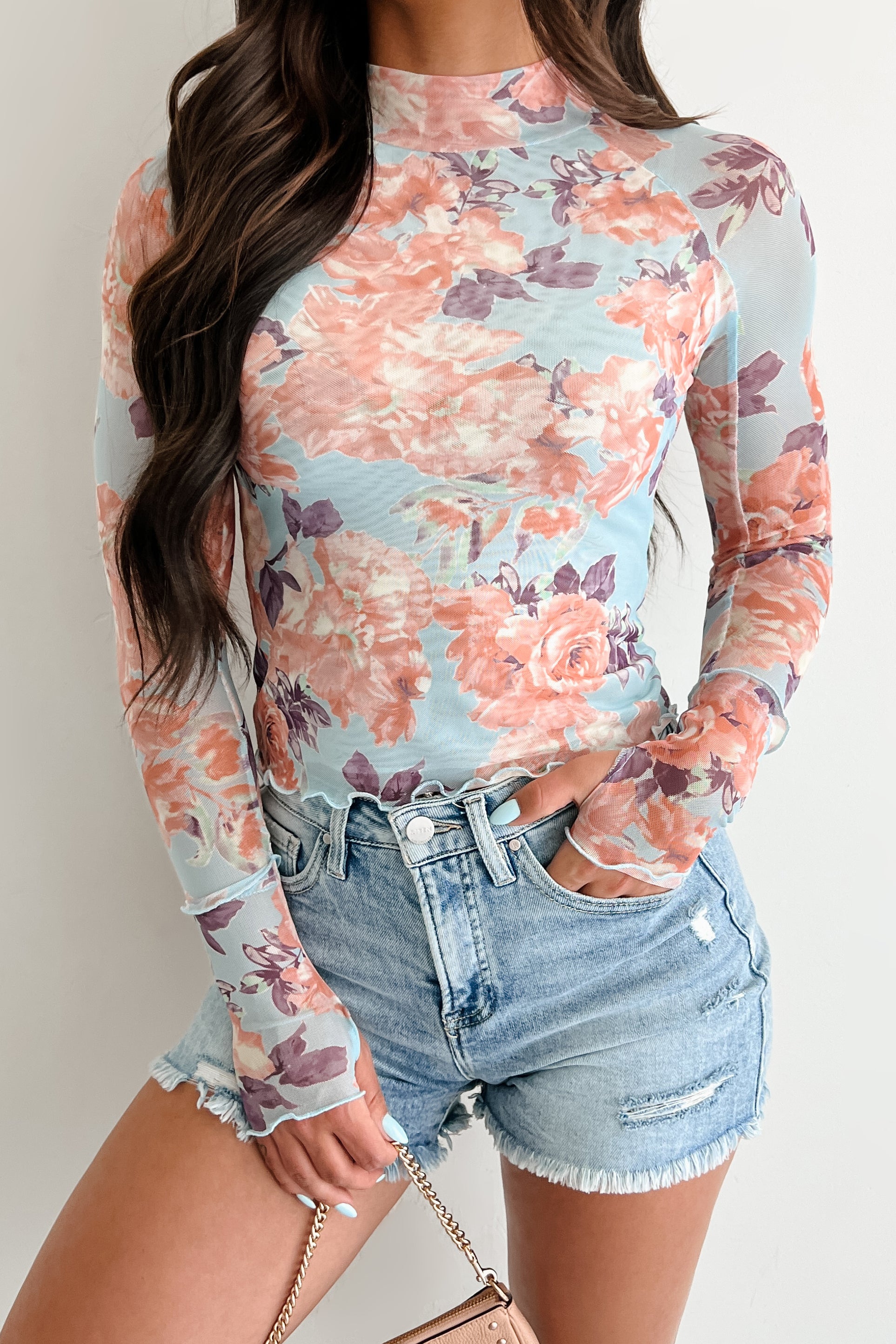 Hooked On You Floral Mesh Long Sleeve Top (Peach/Blue)-The Formal Wear