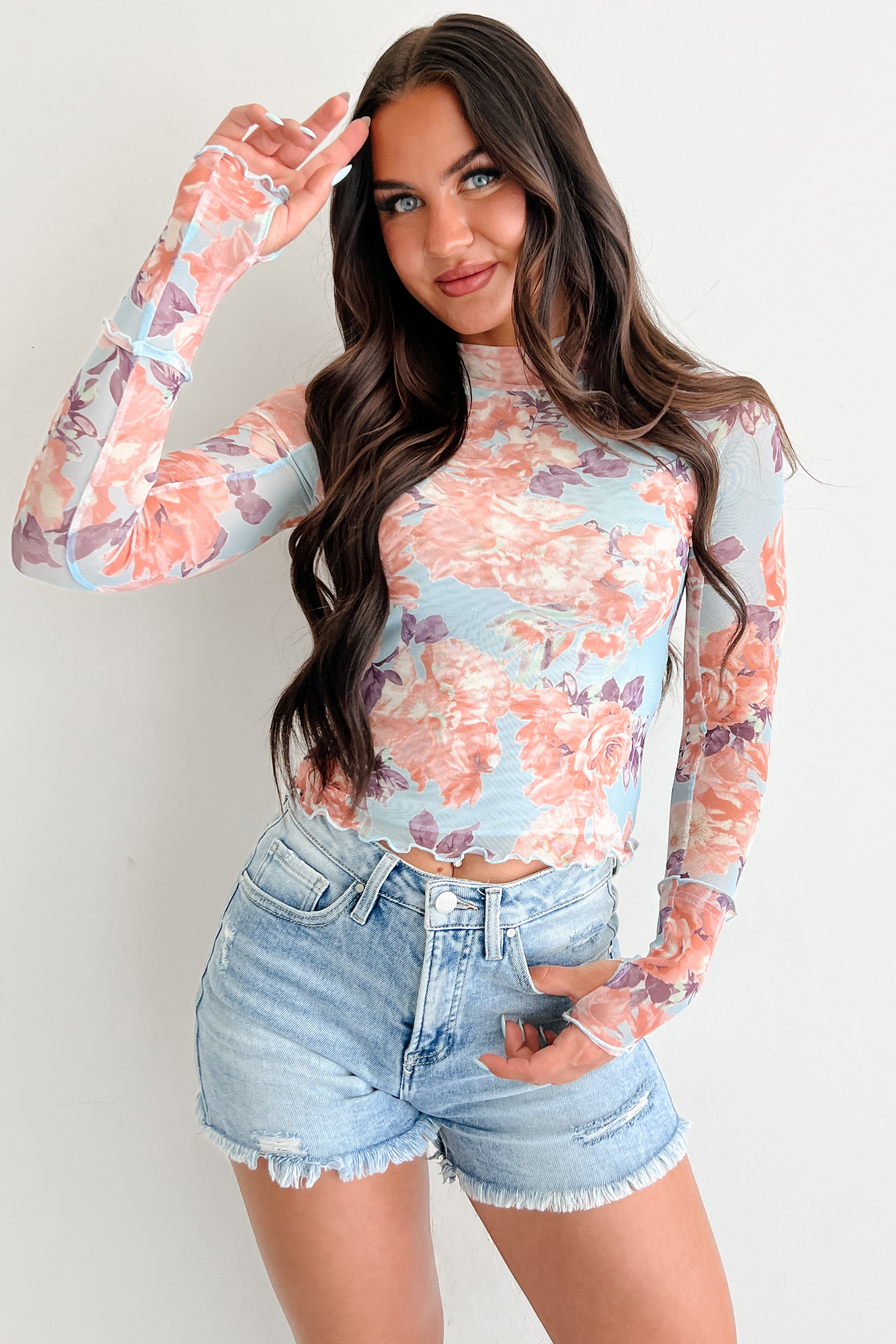 Hooked On You Floral Mesh Long Sleeve Top (Peach/Blue)-The Formal Wear