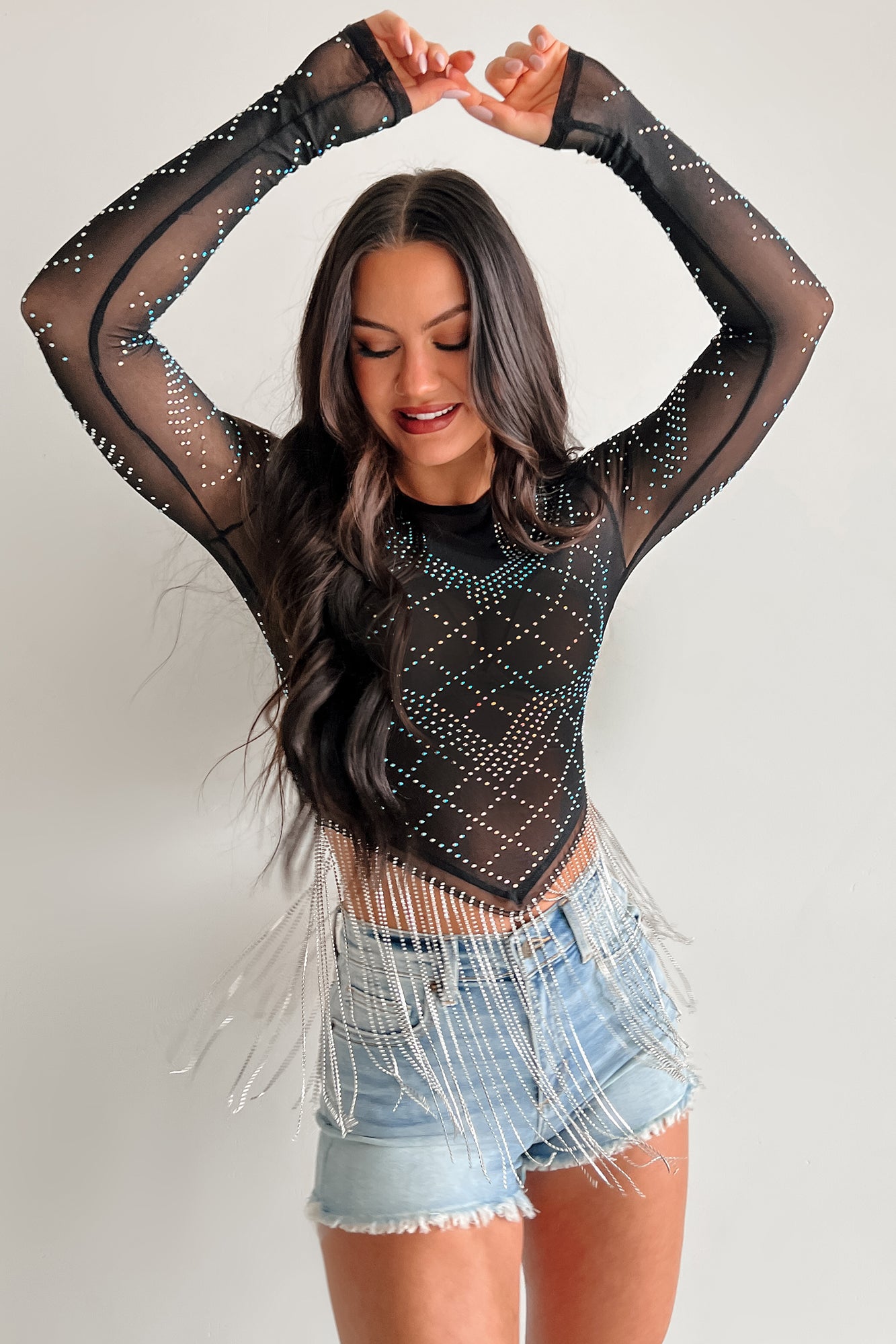 Flashy But Fun Mesh Rhinestone Fringe Top (Black)-The Formal Wear