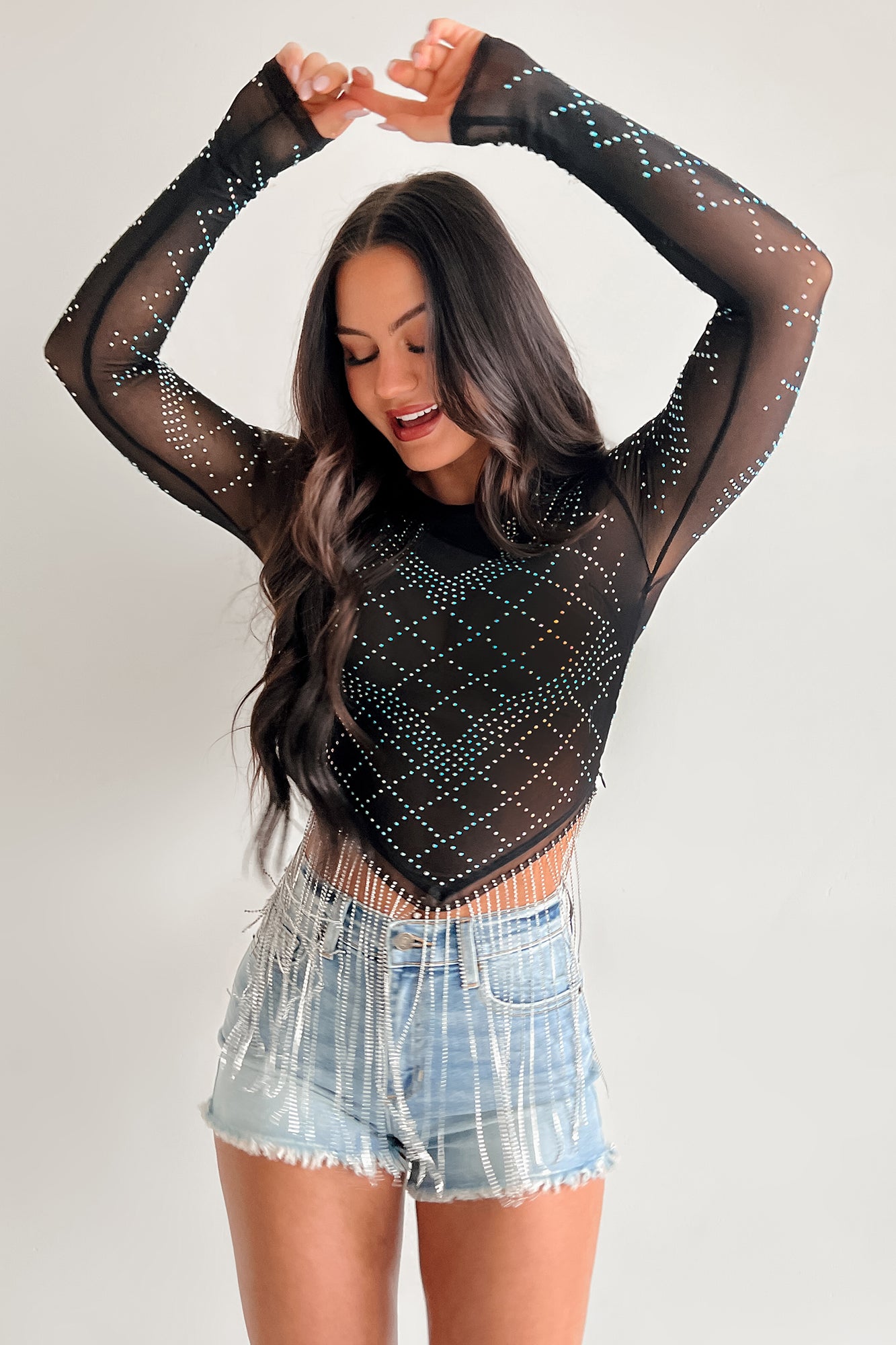 Flashy But Fun Mesh Rhinestone Fringe Top (Black)-The Formal Wear