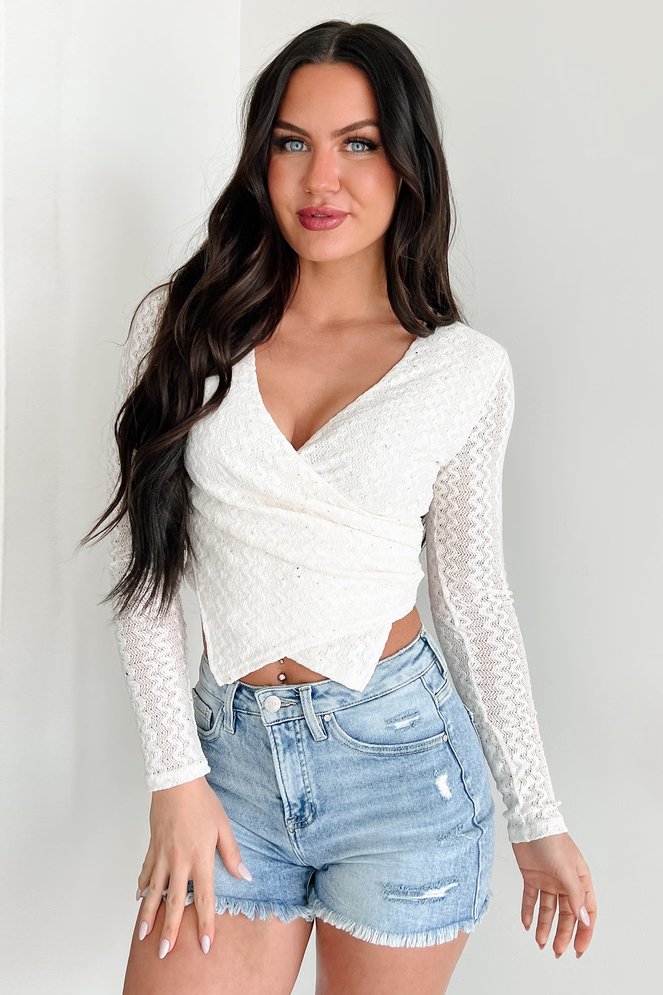 Dazzle & Daze Rhinestone Lace Long Sleeve Top (Off White)-The Formal Wear