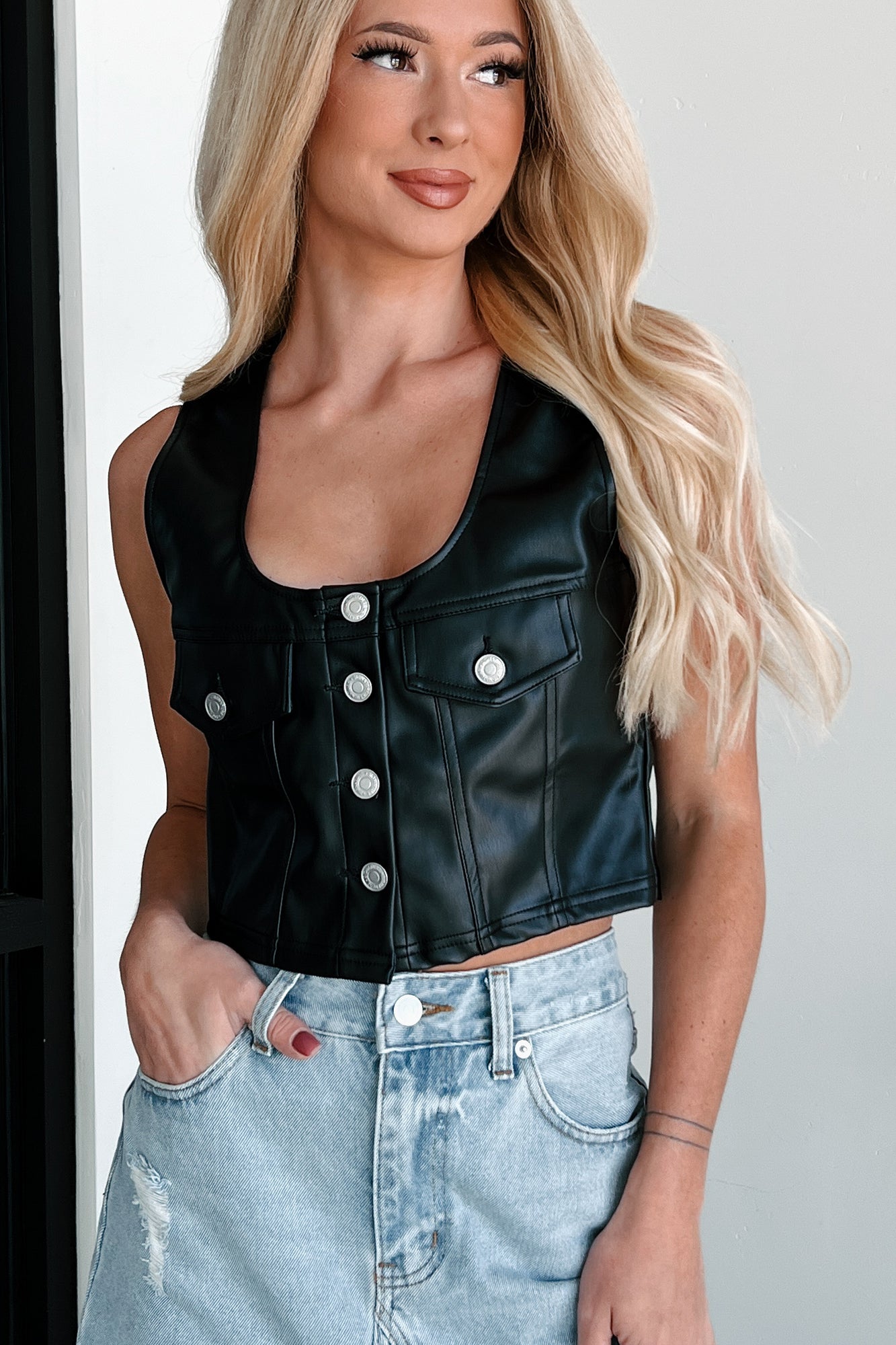 Ria Sleeveless Pleather Vest (Black)-The Formal Wear