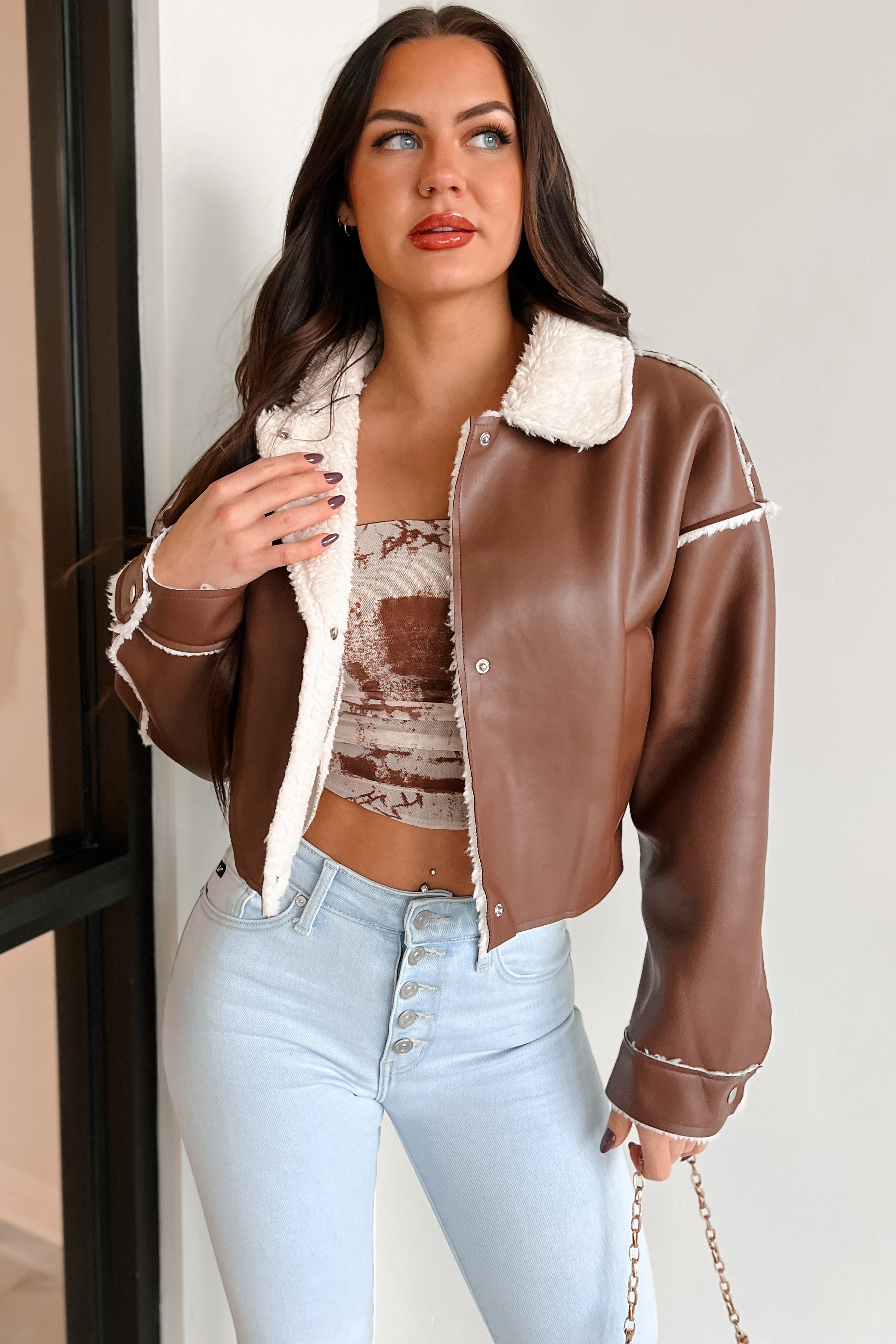 Zayna Faux Leather Jacket (Brown)-The Formal Wear