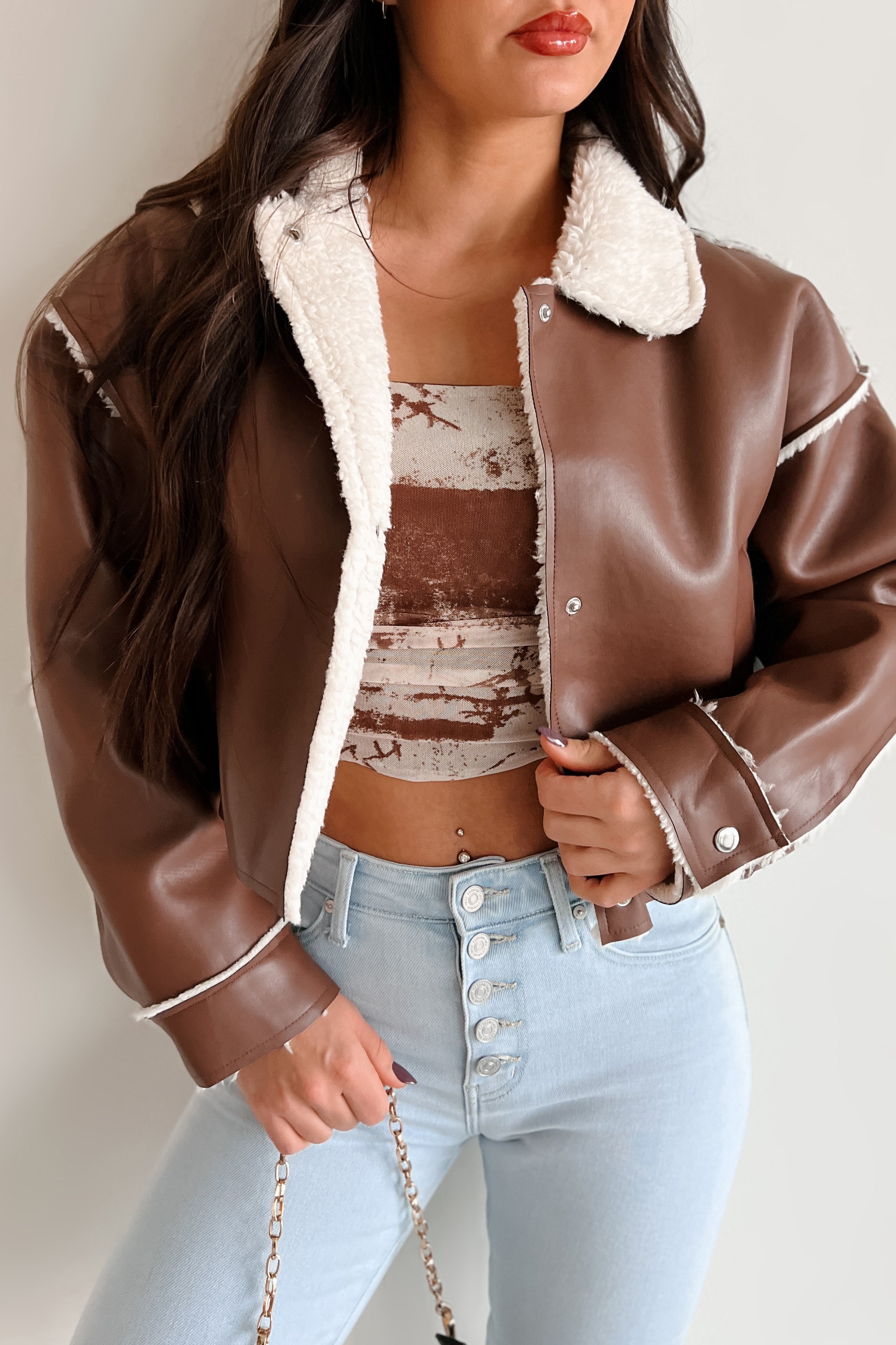 Zayna Faux Leather Jacket (Brown)-The Formal Wear