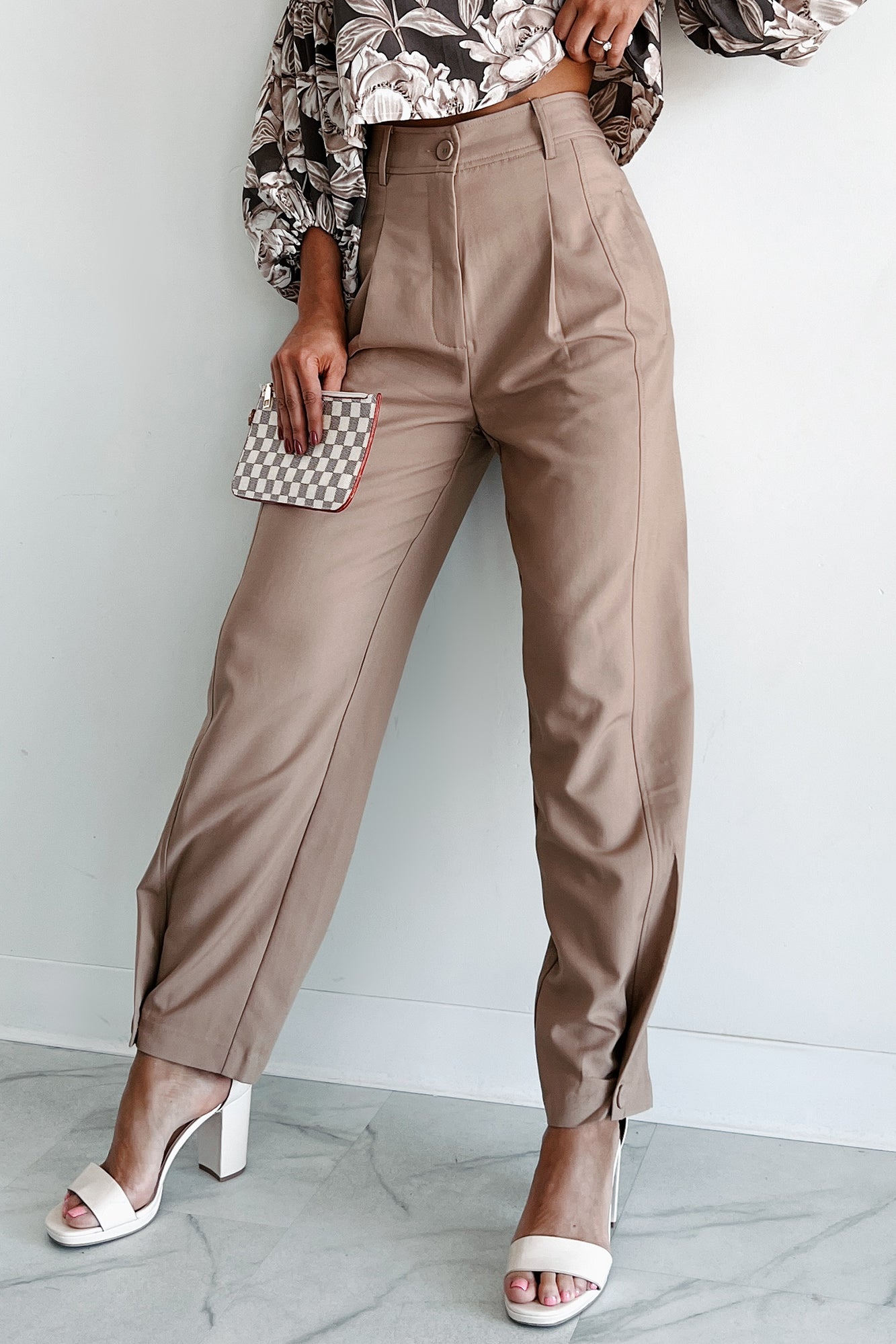 Working Late Pleated Buttoned Cuff Pants (Latte)-The Formal Wear